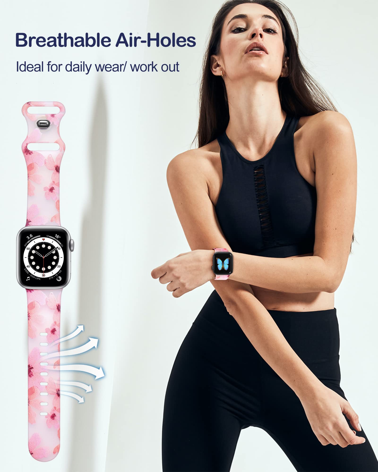 Witzon Compatible Apple Watch Band for Series 8/7/6/5/4/3/2/1/SE/Ultra - 38mm 40mm 41mm 42mm 44mm 45mm 49mm Cute Floral Print Silicone Sport Strap Replacement for Women - Perfect for Workouts, Running & Everyday Wear