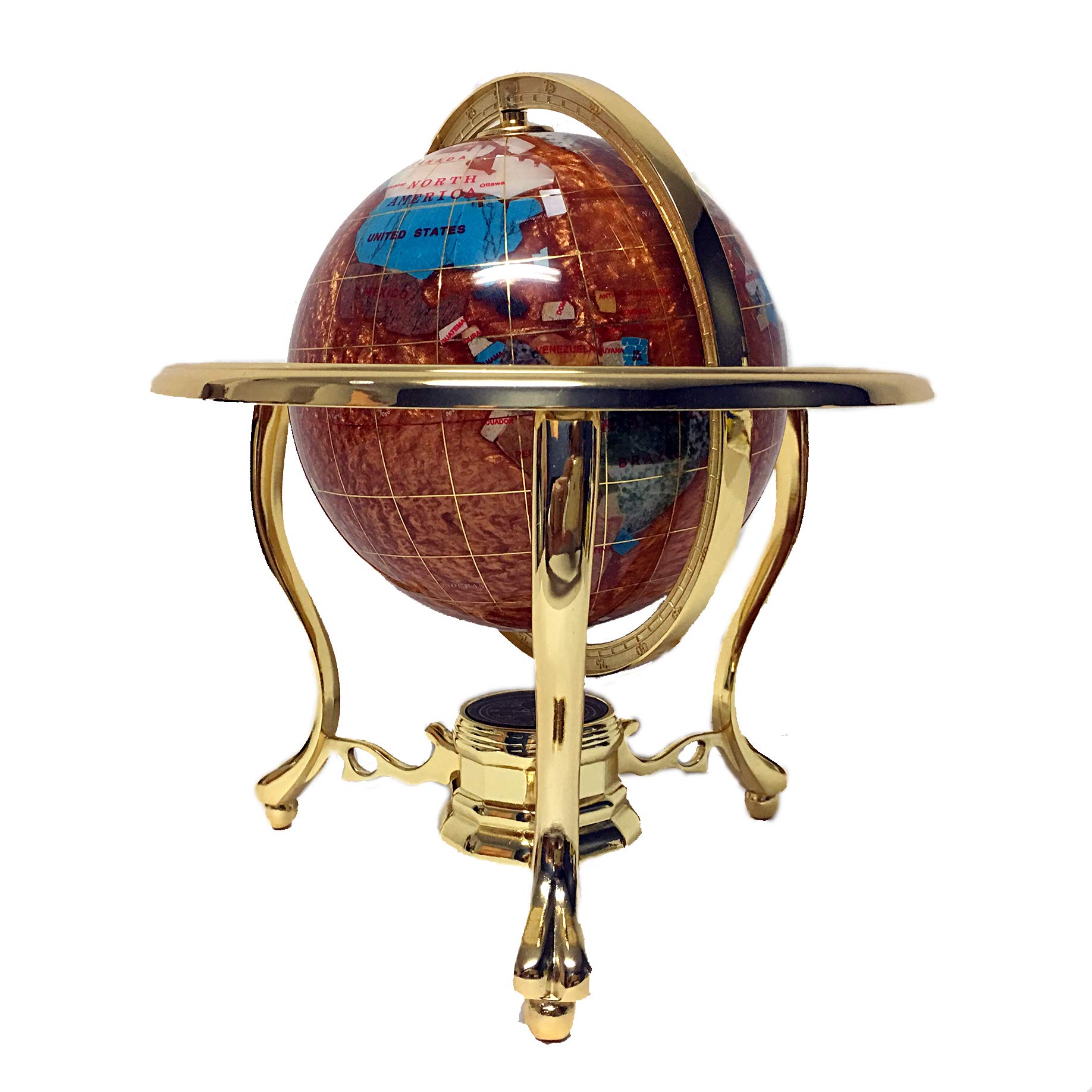 10-Inch Amber Pearl Swirl Ocean Gemstone World Globe with Gold Tripod Stand - Unique Tabletop Decor for Home Office, Gift for Travel Lovers & Geography Enthusiasts