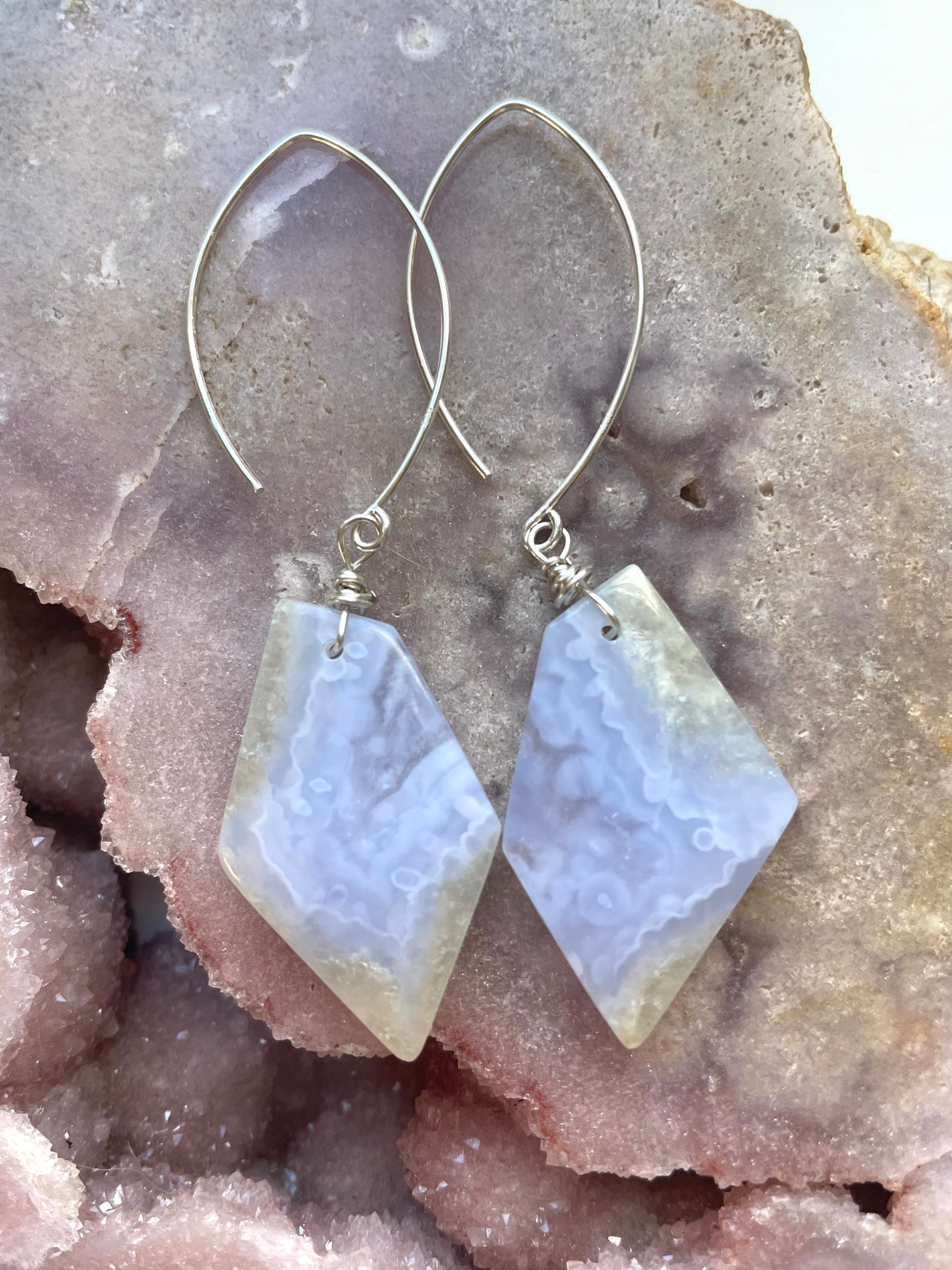 Blue Lace Agate Statement Earrings Sterling Silver - Elegant Dangle Earrings for Women, Handmade Jewelry Gift for Her - Perfect for Weddings, Parties & Special Occasions