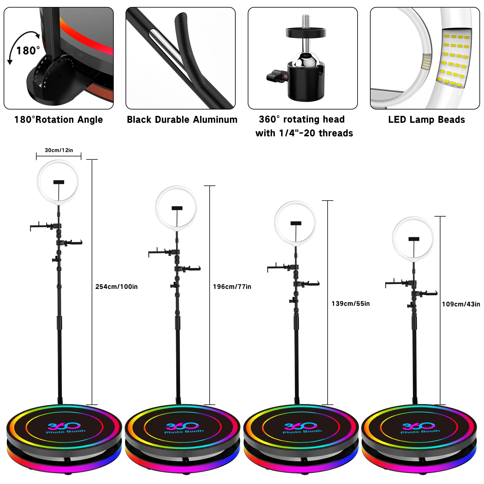 PJJ Automatic 360° Rotating Photo Booth with Dimmable LED Ring Light & Remote Control - Perfect for Selfie Parties, Events, Weddings & Social Media Content Creation (31.5