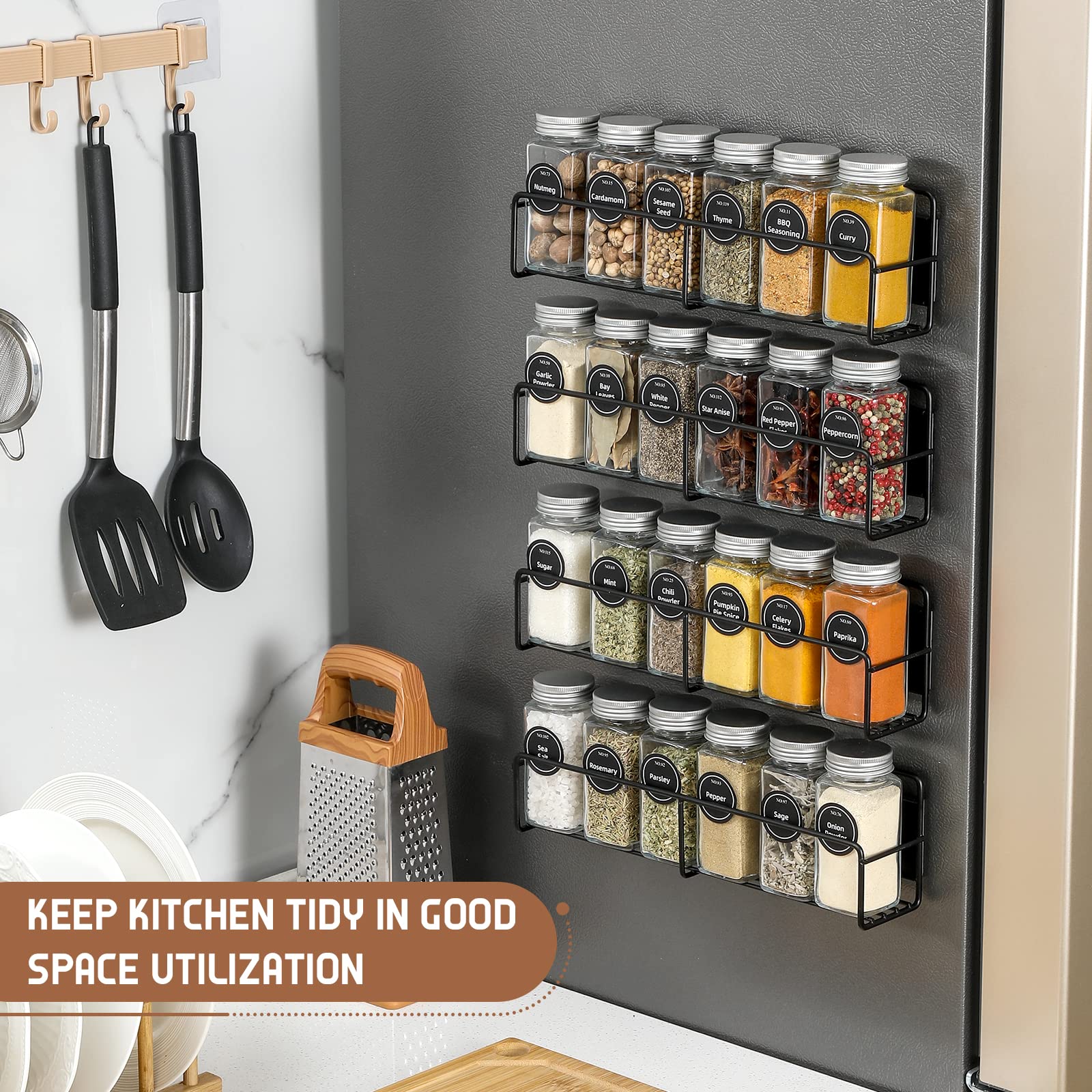 VITEVER 4-Pack Magnetic Spice Rack with 24 Square Glass Jars & Lids - Pre-Printed Labels, Funnel Included - Space Saving Spice Organizer for Kitchen, Refrigerator & Microwave - Perfect for Cooking, Baking & Meal Prep