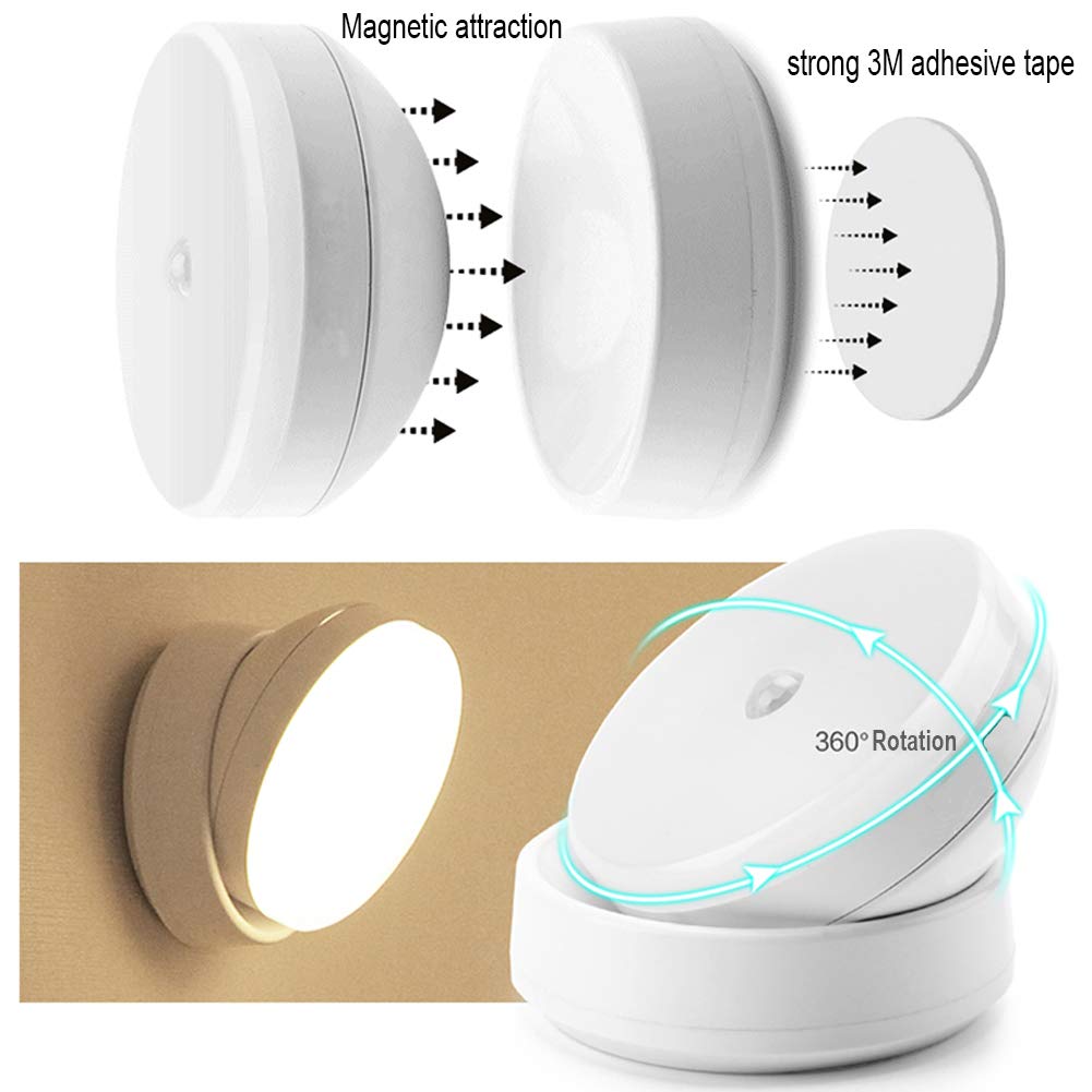 Battery Powered LED Night Light with 360° Rotation & Motion Sensor - Magnetic Base Stick-On Lamp for Cabinets, Wardrobes, Hallways (White, 1-Pack) - Perfect for Bedrooms, Bathrooms & Stairs Safety Lighting