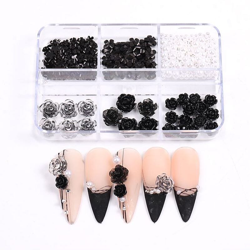 Black Rose Nail Art Decorations - 6 Grid Tray for Acrylic Nails, DIY Manicure, Salon Supplies | Perfect for Nail Extensions, Gel Polish Designs & Professional Nail Art