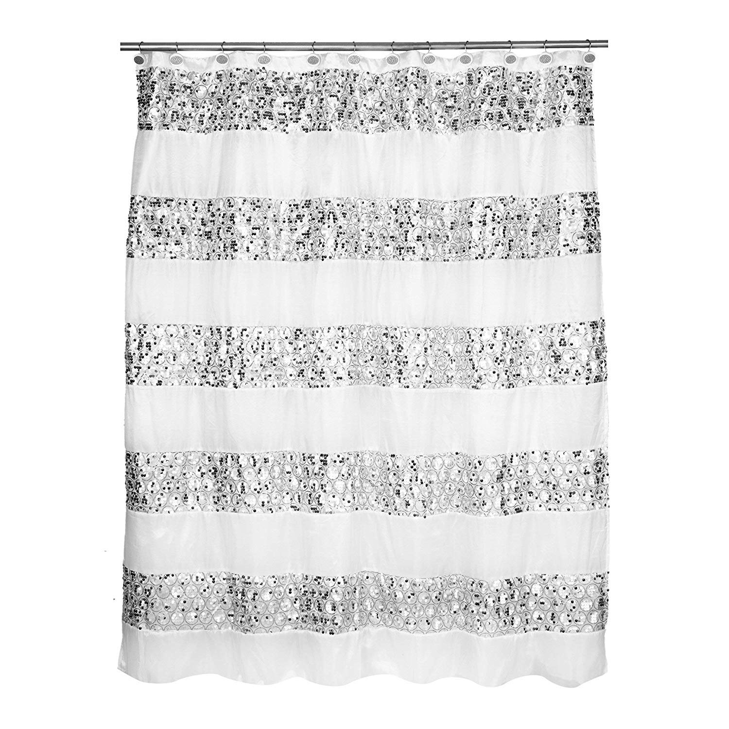 7-Piece Sinatra Sequins Shower Curtain Set with Resin Hooks, Towels & Rugs - White & Silver | Bathroom Decor for Glamorous & Elegant Home Spa Experience