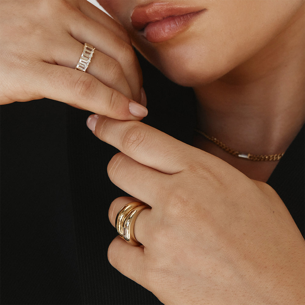 14K Gold White Topaz Baguette Textured Ring for Women - Elegant Stackable Jewelry for Everyday Wear & Special Occasions