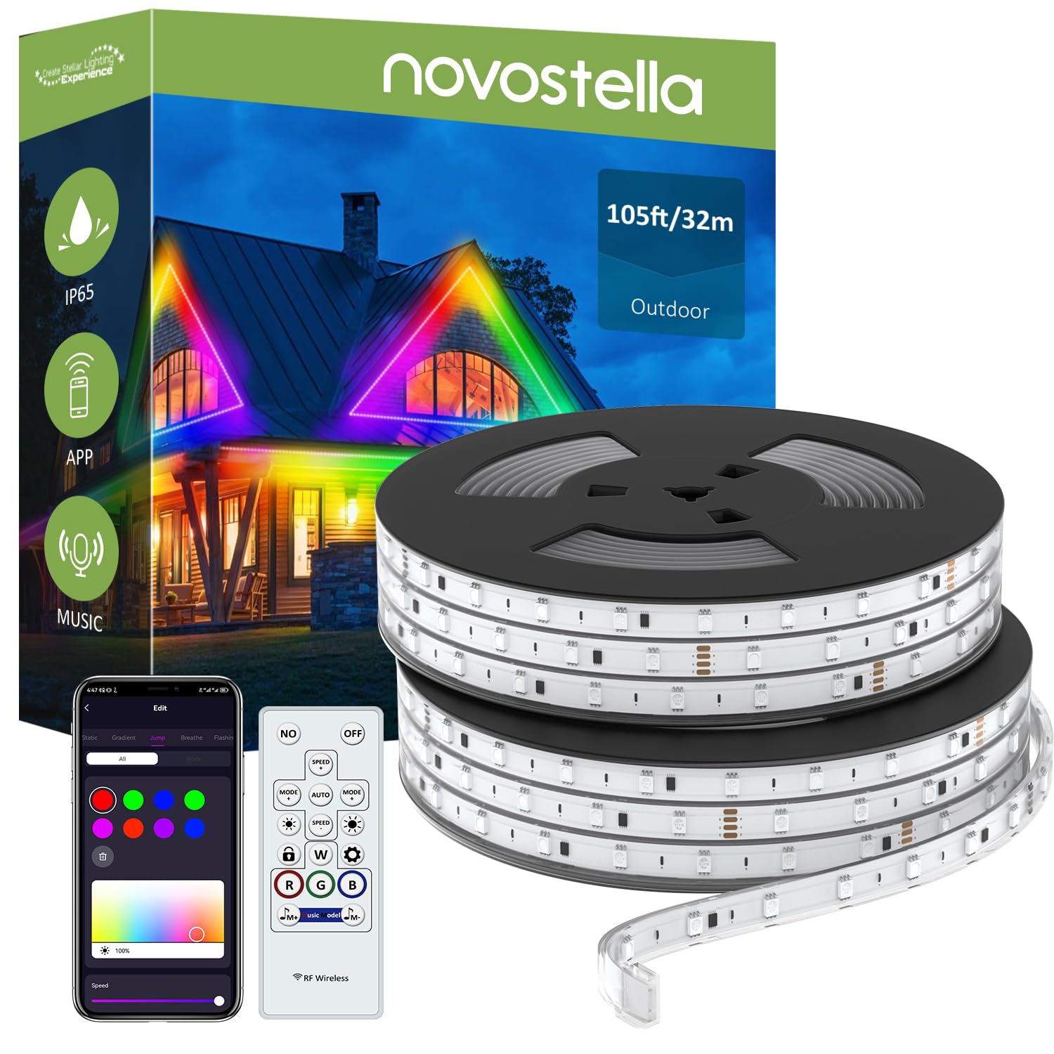 NOVOSTELLA 105FT Smart WiFi RGB IC LED Strip Lights Outdoor, Waterproof IP65 24V Color Changing Rope Lights with Music Sync - Perfect for Garden, Party, and Home Decoration
