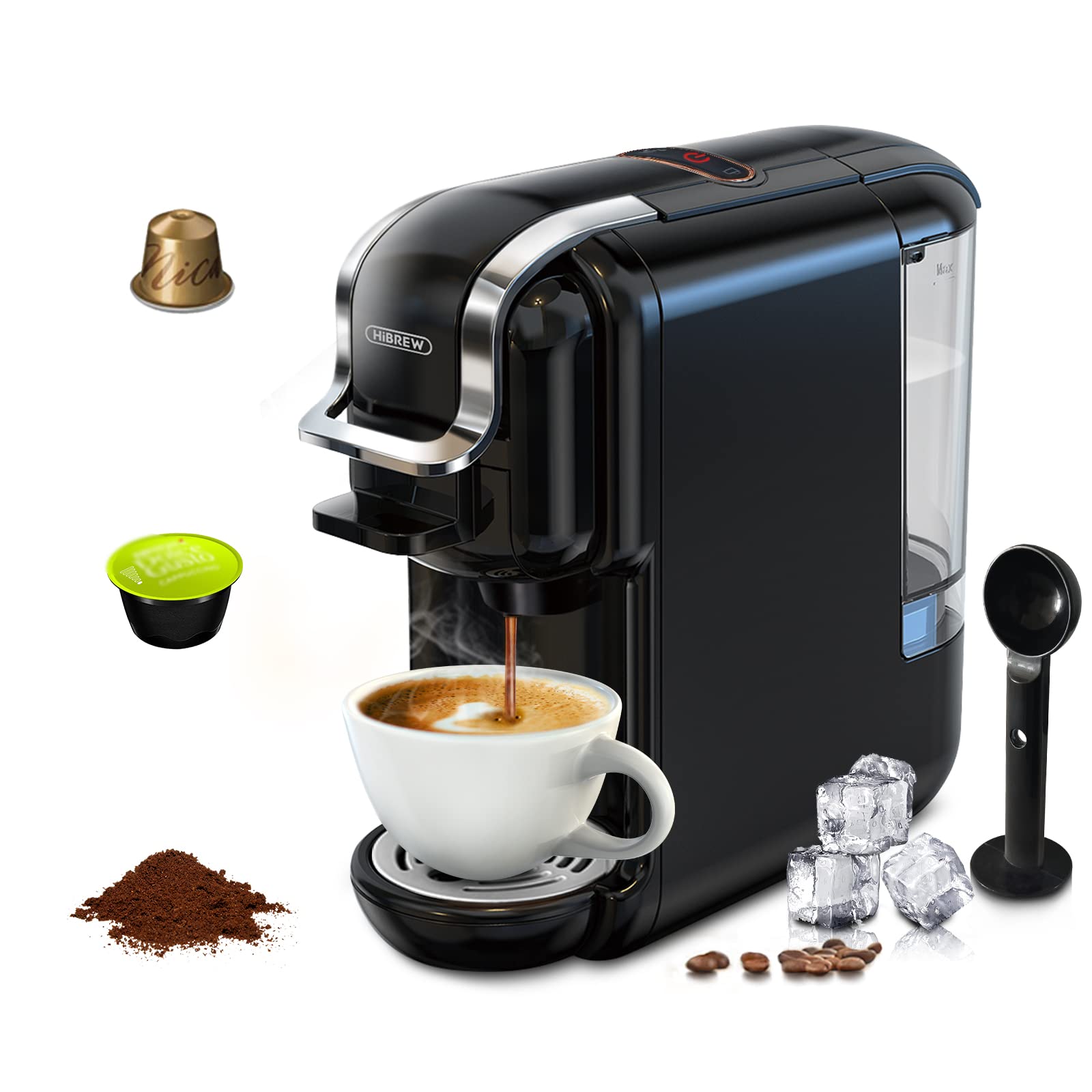 HiBREW 3-in-1 Espresso Machine for Pods & Ground Coffee | 19 Bar Pressure Pod Coffee Maker | Compatible with Nespresso Original & DG Capsules | Cold & Hot Brew Modes | 20oz Removable Water Tank | Perfect for Home, Office & Small Cafes | Makes 8oz Espresso Cups