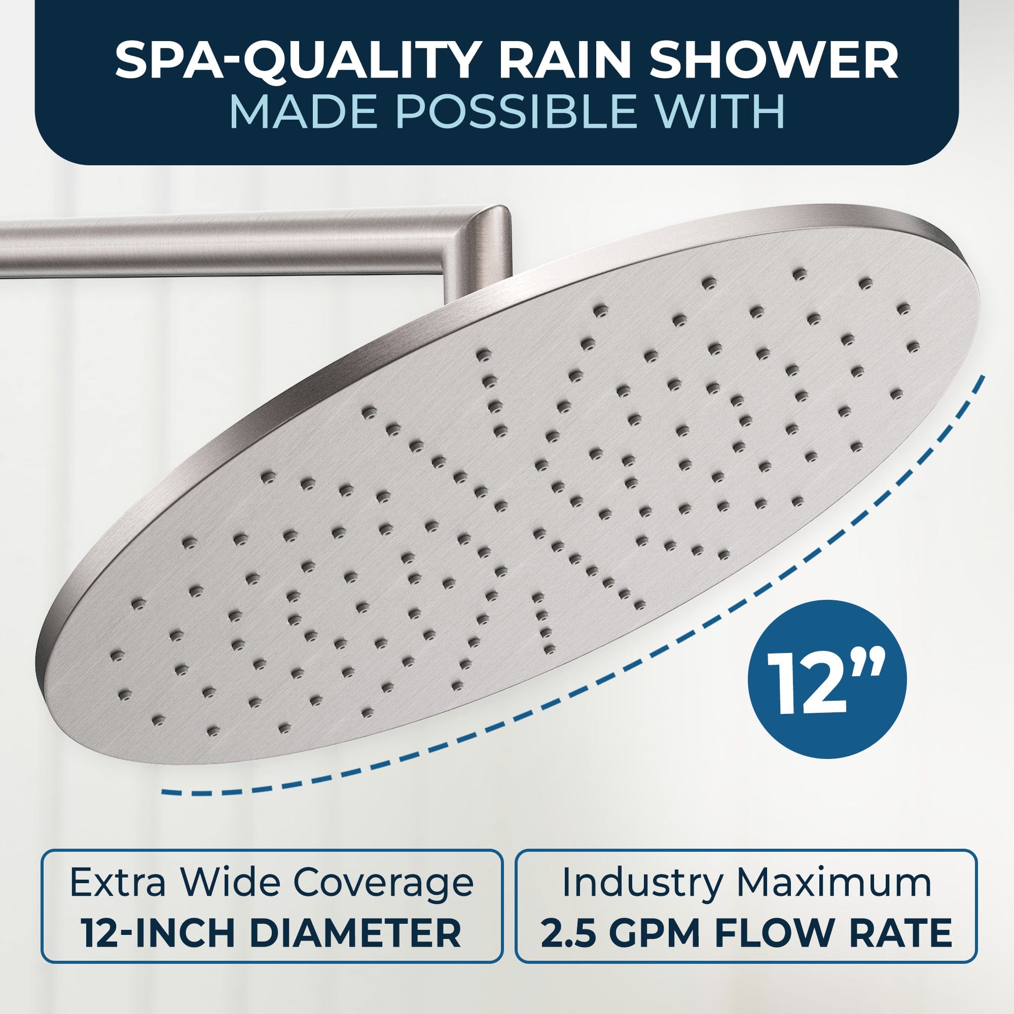 Premium 12 Inch All-Metal Rain Shower Head with Adjustable Overhead Shower Arm - 2.5 GPM Flow Rate - Luxury Bathroom Upgrade for Spa-Like Experience - Perfect for Master Bathrooms & Modern Home Renovations