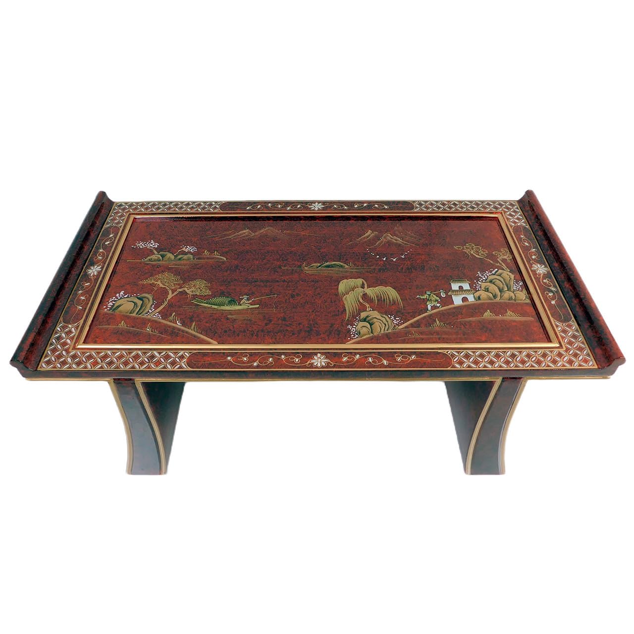 Elegant Black Lacquer Oriental Coffee Table with Gold Landscape Design - Vintage French Red Finish - Perfect for Living Room, Lounge & Home Decor