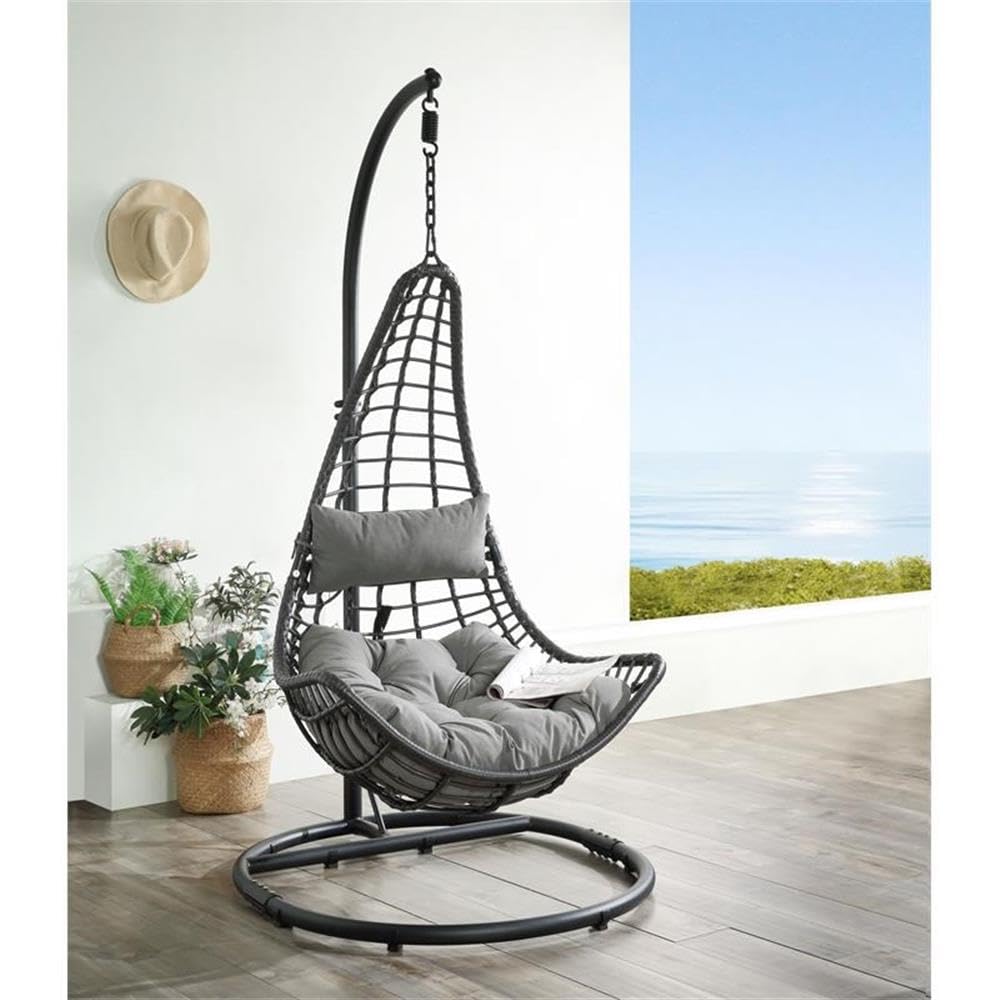 ACME Uzae Gray & Charcoal Wicker Hanging Chair with Metal Stand - Perfect for Outdoor Patio, Garden, and Backyard Relaxation
