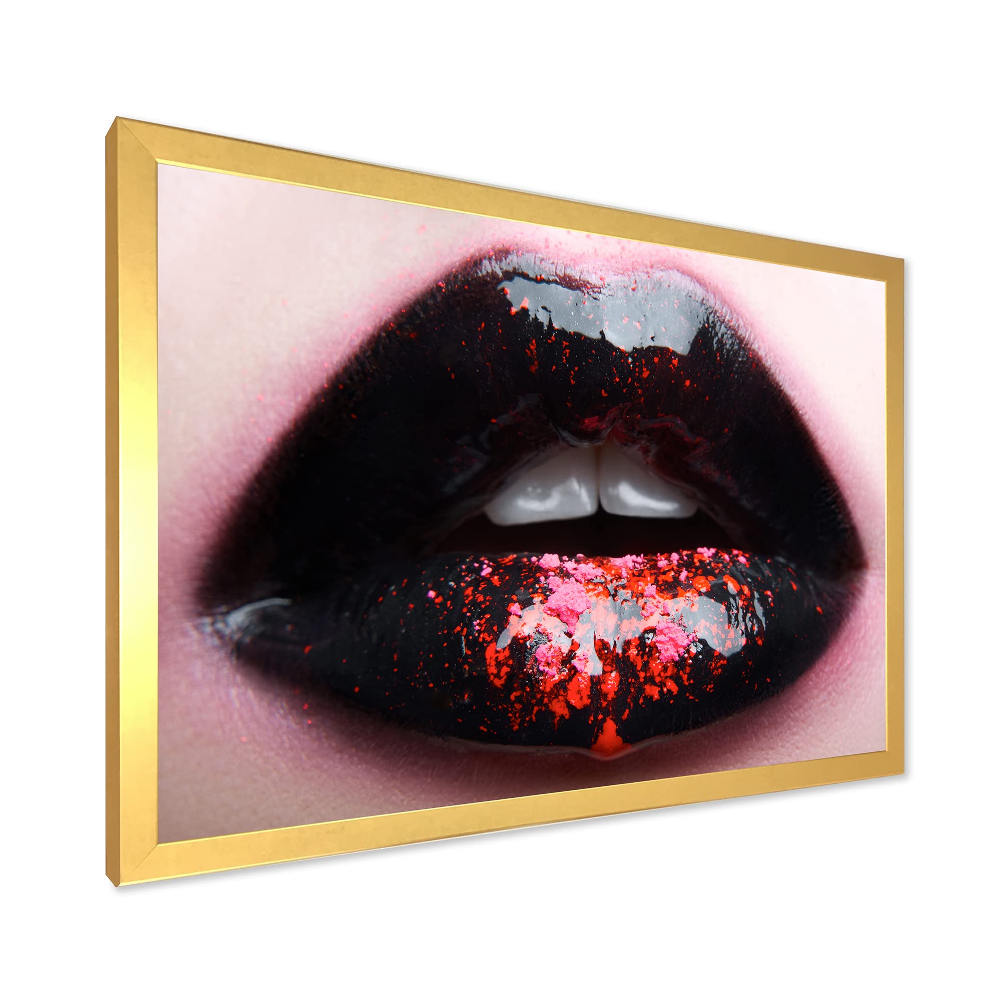 DesignQ Plump Woman Lips Black & Pink Modern Framed Wall Art - Contemporary Home Decor for Living Room, Bedroom & Office