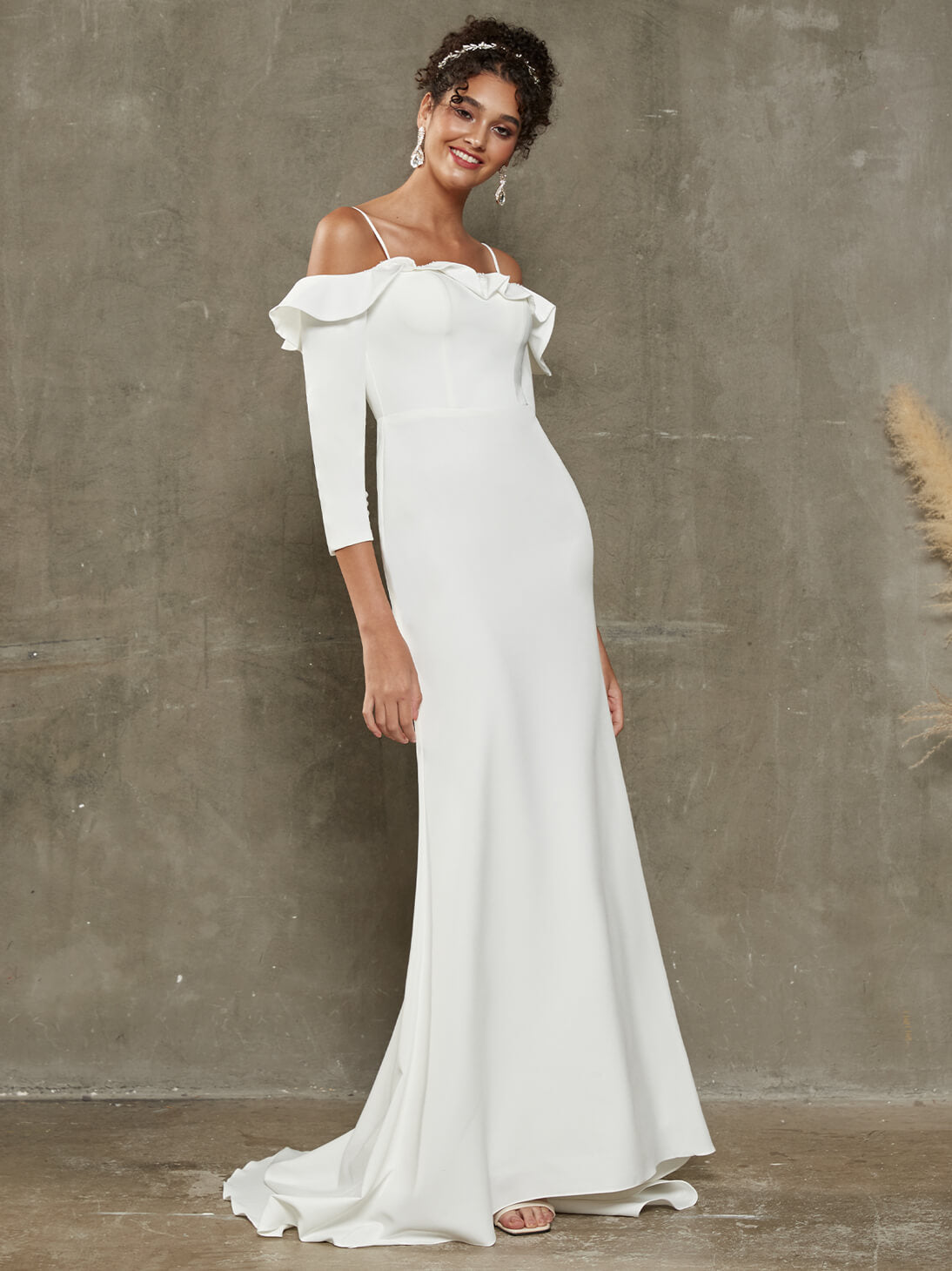 Elegant Double FDY Ruffled Off-Shoulder Mermaid Wedding Dress with Long Train - Perfect for Beach, Church, and Formal Wedding Ceremonies