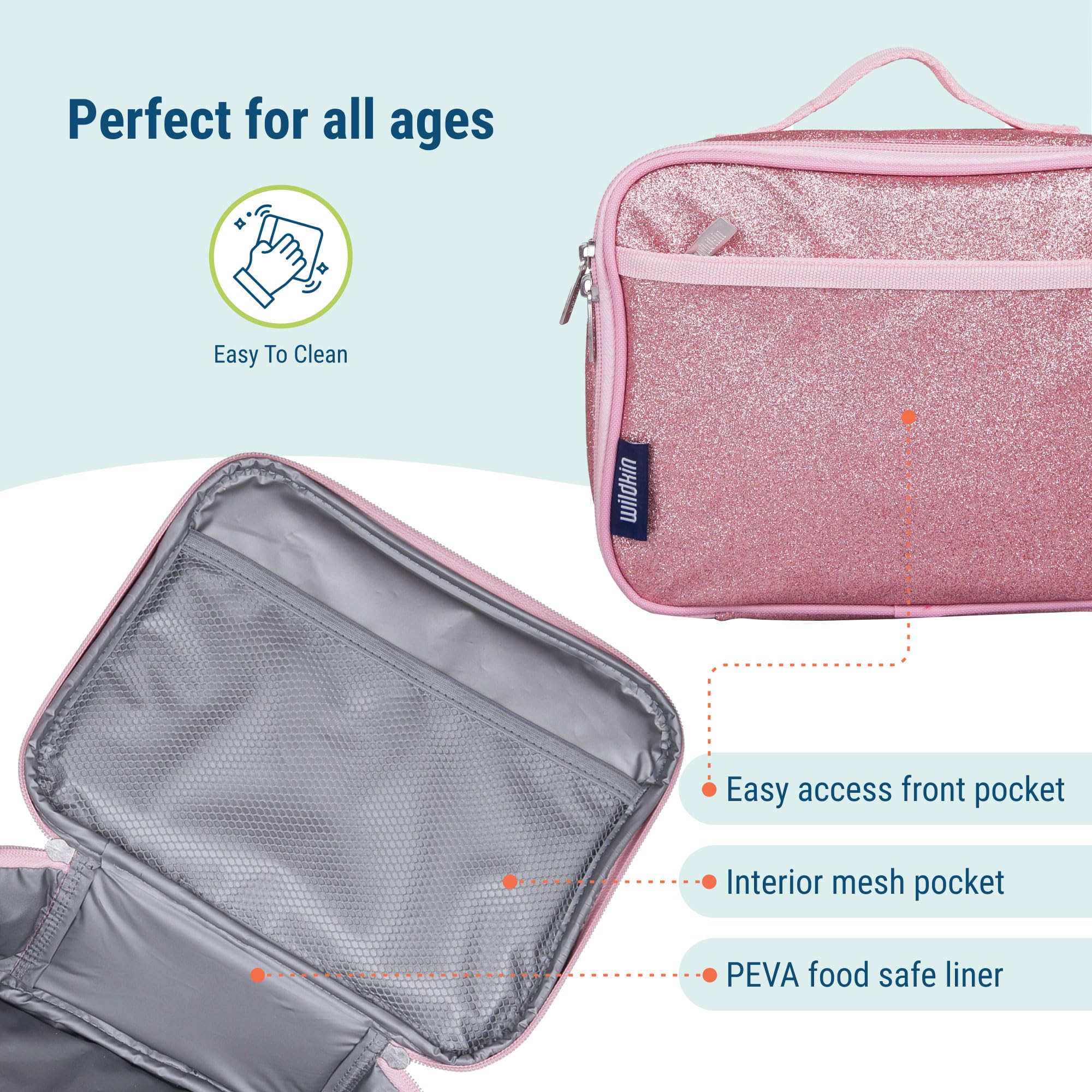 Wildkin 15 Inch Kids Backpack with Matching Lunch Box - Pink Glitter School Backpack Set for Girls | Perfect for School, Travel & Daycare Use
