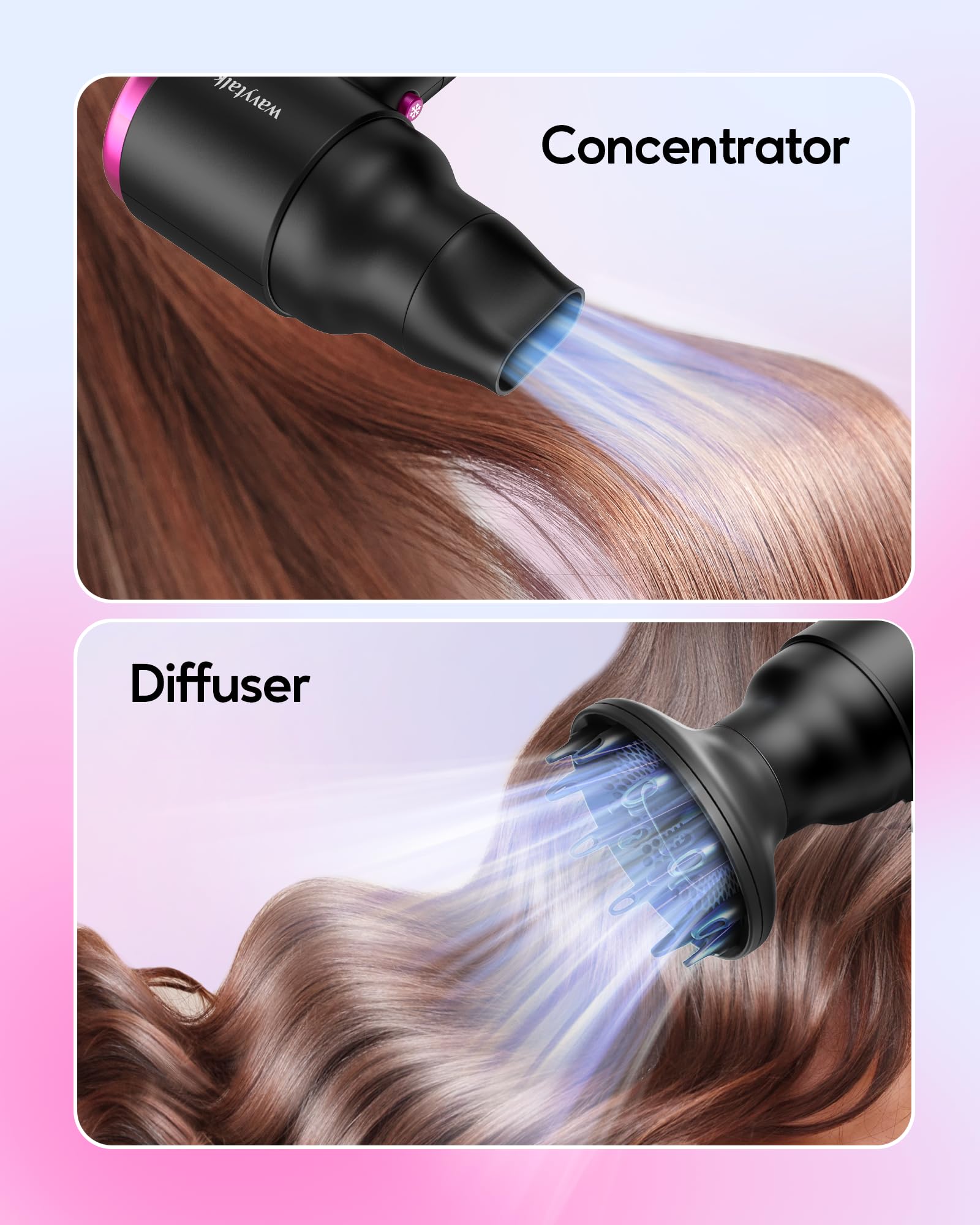 Wavytalk 1600W Foldable Hair Dryer with Diffuser - Lightweight Blow Dryer for Curly Hair, Black | Perfect for Travel, Home & Salon Styling