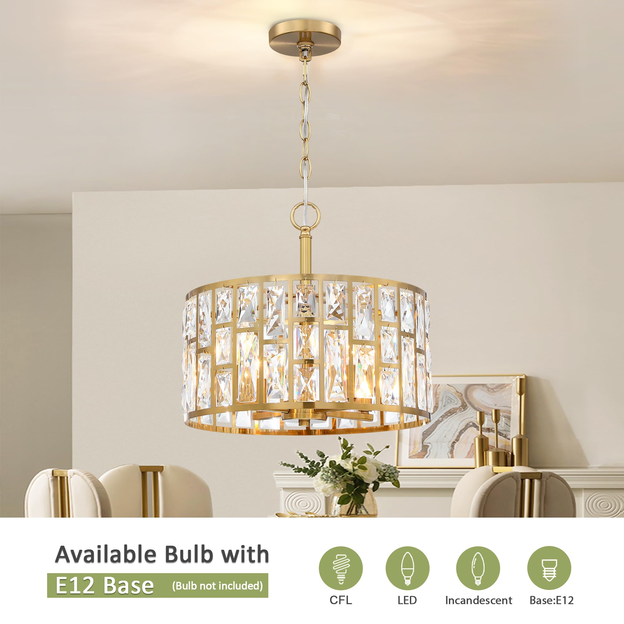 Farmhouse Crystal Convertible Chandelier & Semi-Flush Mount Lighting - Gold Cylinder Drum Shade Pendant Light Fixture for Kitchen Island, Dining Room, Bedroom & Hallway | Elegant Home Decor & Ambient Lighting Solution