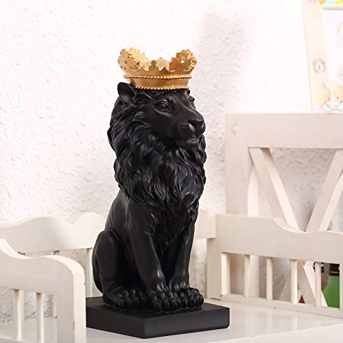ZAMTAC Black Lion Resin Statue with Gold Crown - Handcrafted Home Decor Sculpture, Animal Figurine for Living Room, Office, and Gift Giving