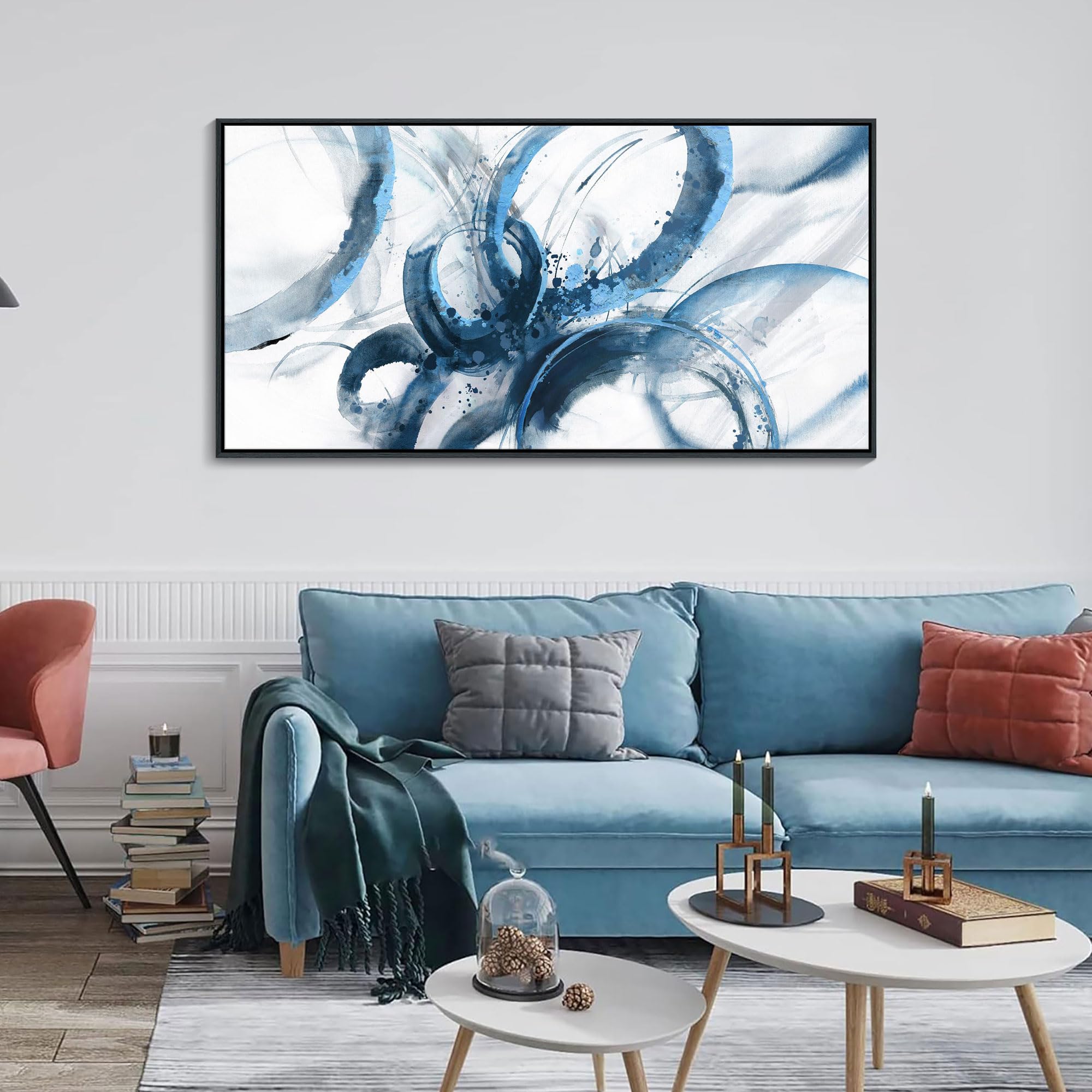 Large Abstract Blue Canvas Wall Art Painting 24x48 Inches - Framed Modern Artwork for Living Room, Bedroom & Office Decor | Perfect Above Bed, Sofa or Desk
