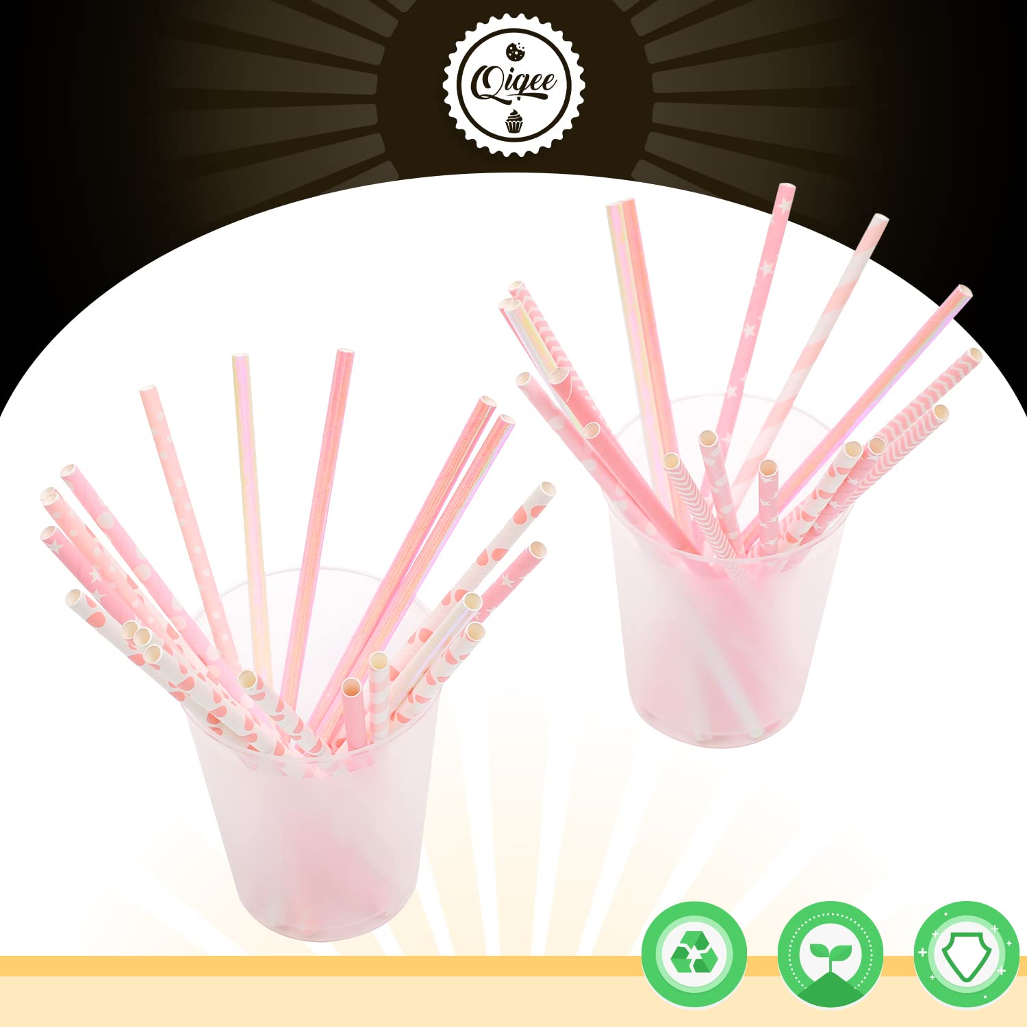 Eco-Friendly Pink Paper Straws Bulk 150pcs - Biodegradable Disposable Drinking Straws in 10 Cute Patterns for Parties, Weddings & Summer Beverages