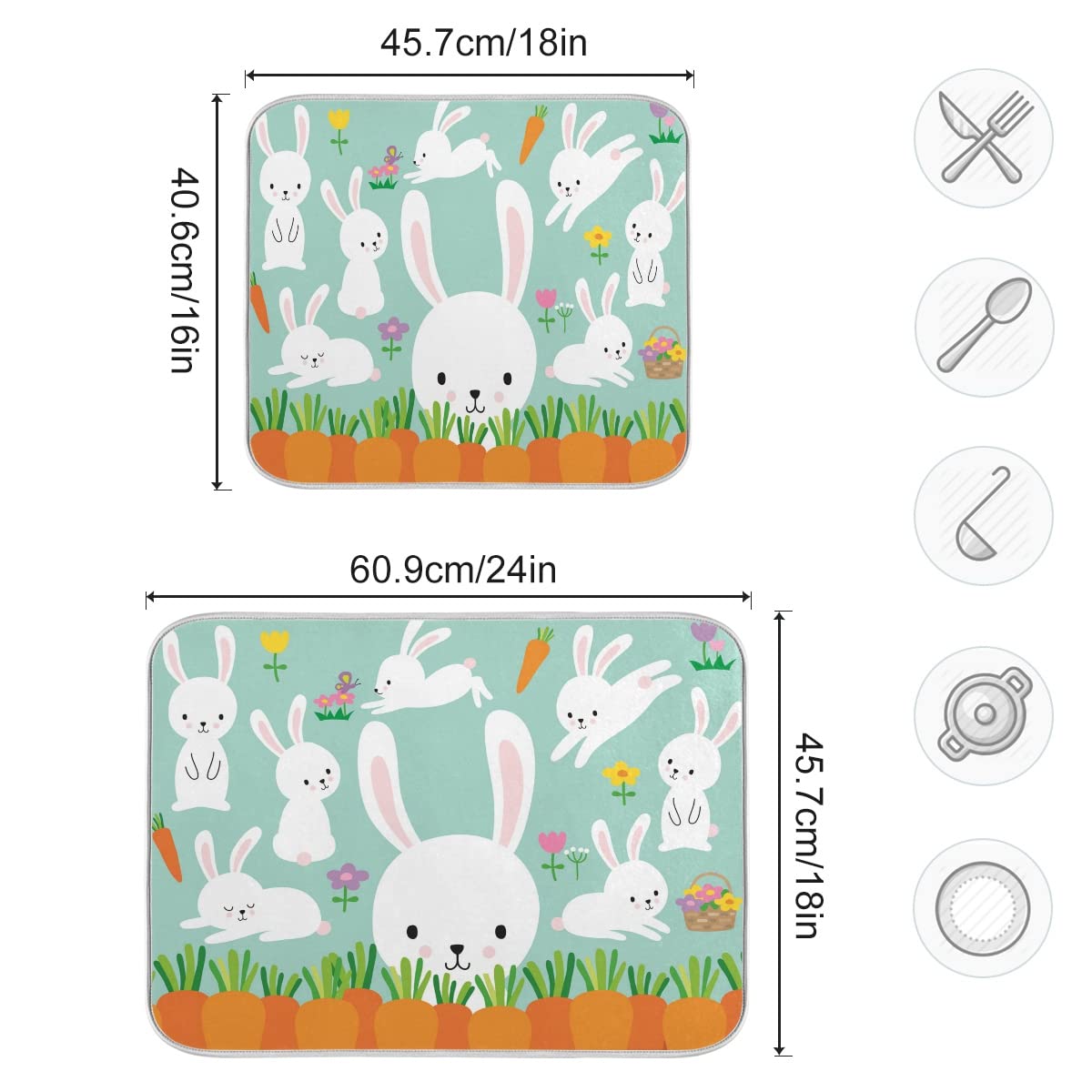 Easter Bunny Rabbit Flowers Dish Drying Mat - Absorbent Large Kitchen Drying Pad (18