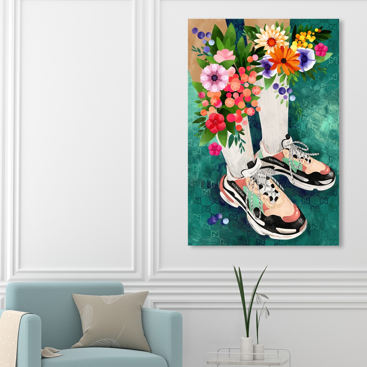 Stylish Floral Sneakers & Socks Set - Modern Green Canvas Wall Art Print for Bedroom Decor | Trendy Outfit Combo for Women, Fashionable Home & Office Wear