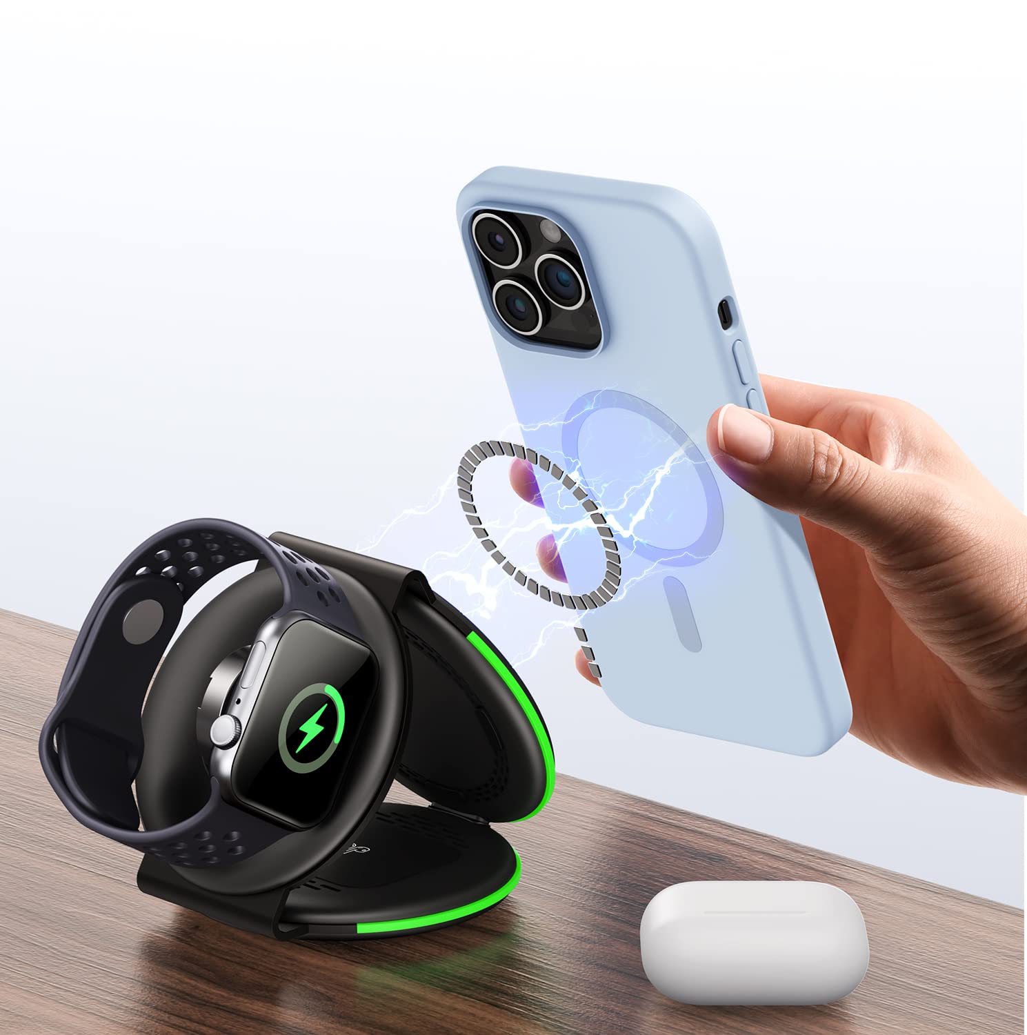 GUSGU 3-in-1 Wireless Charging Station with MagSafe | Fast Charger for iPhone 14/13/Pro Max/Plus, Apple Watch & AirPods | Portable Travel Charger with Storage Bag & Adapter | Perfect for Home, Office & Travel Use