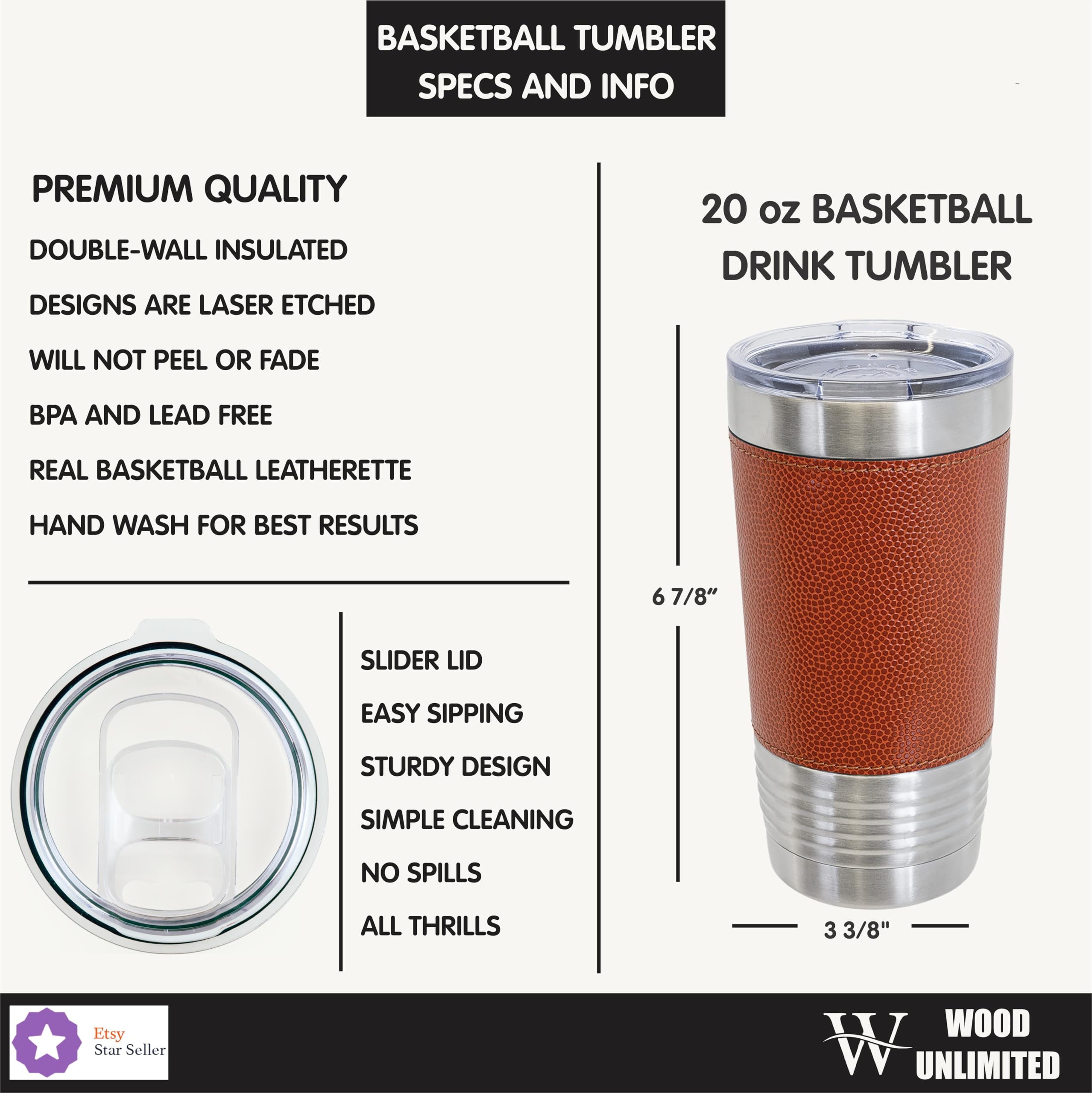 Personalized 20oz Basketball Tumbler - Insulated Stainless Steel Leatherette Cup with Basketball Texture Design - Perfect Gift for Basketball Players, Coaches & Fans - Great for Games, Practices & Office Use