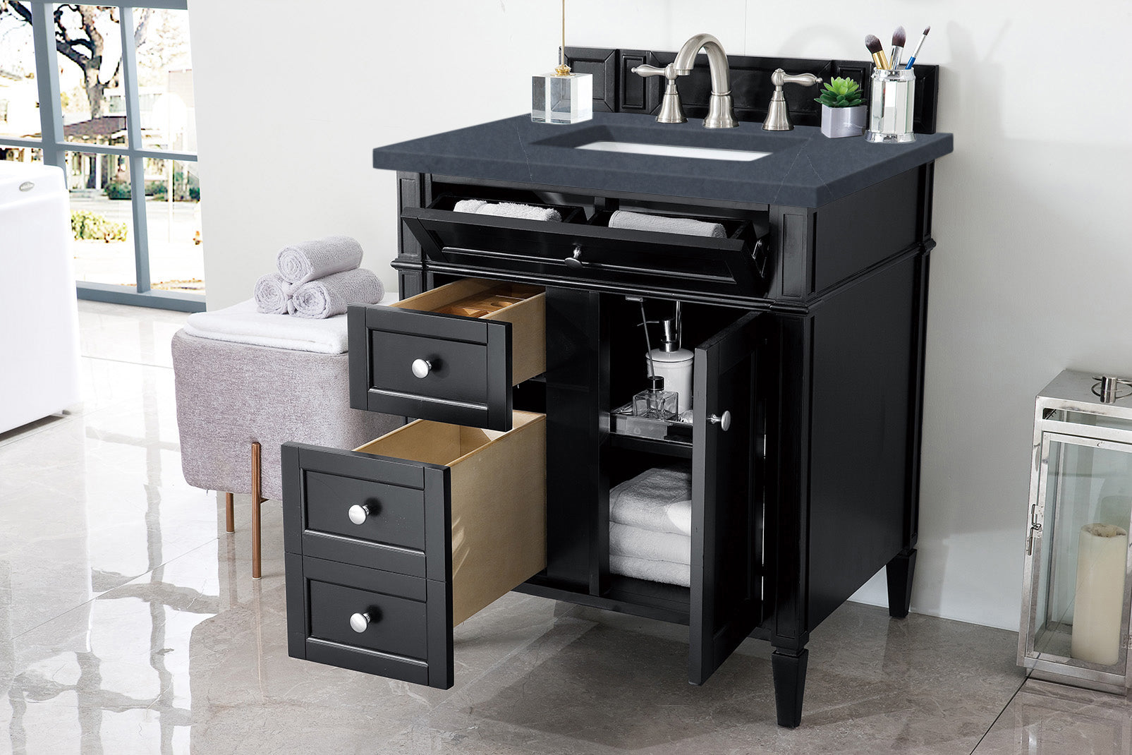 Brittany 30-Inch Single Bathroom Vanity in Black Onyx with 3CM Charcoal Soapstone Quartz Countertop - Perfect for Modern Master Bathrooms & Powder Rooms