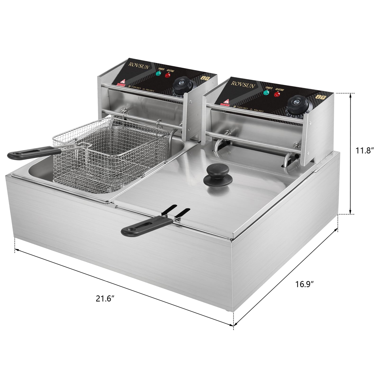 ROVSUN 22.8QT Commercial Electric Deep Fryer with 2 Baskets & Lids - 5000W Stainless Steel Countertop Fryer with Temperature Control - Perfect for French Fries, Chicken Wings, Donuts - Ideal for Restaurants, Food Trucks & Home Kitchens