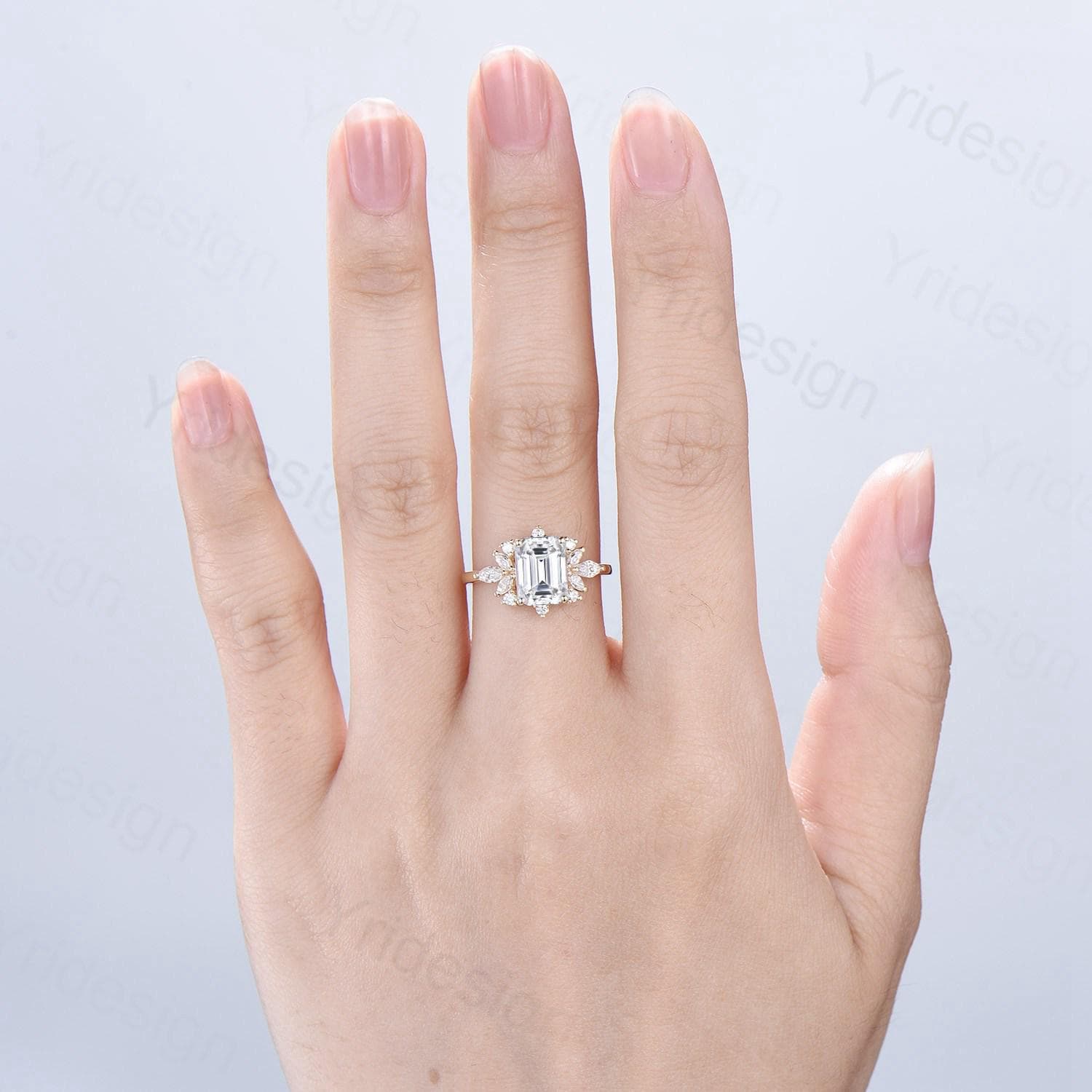 Custom Halo Emerald Cut Moissanite Engagement Ring 14K Yellow Gold - Cluster Marquise Moissanite Wedding Band - Unique Anniversary & Promise Gift for Her - Perfect for Proposals, Weddings & Romantic Occasions