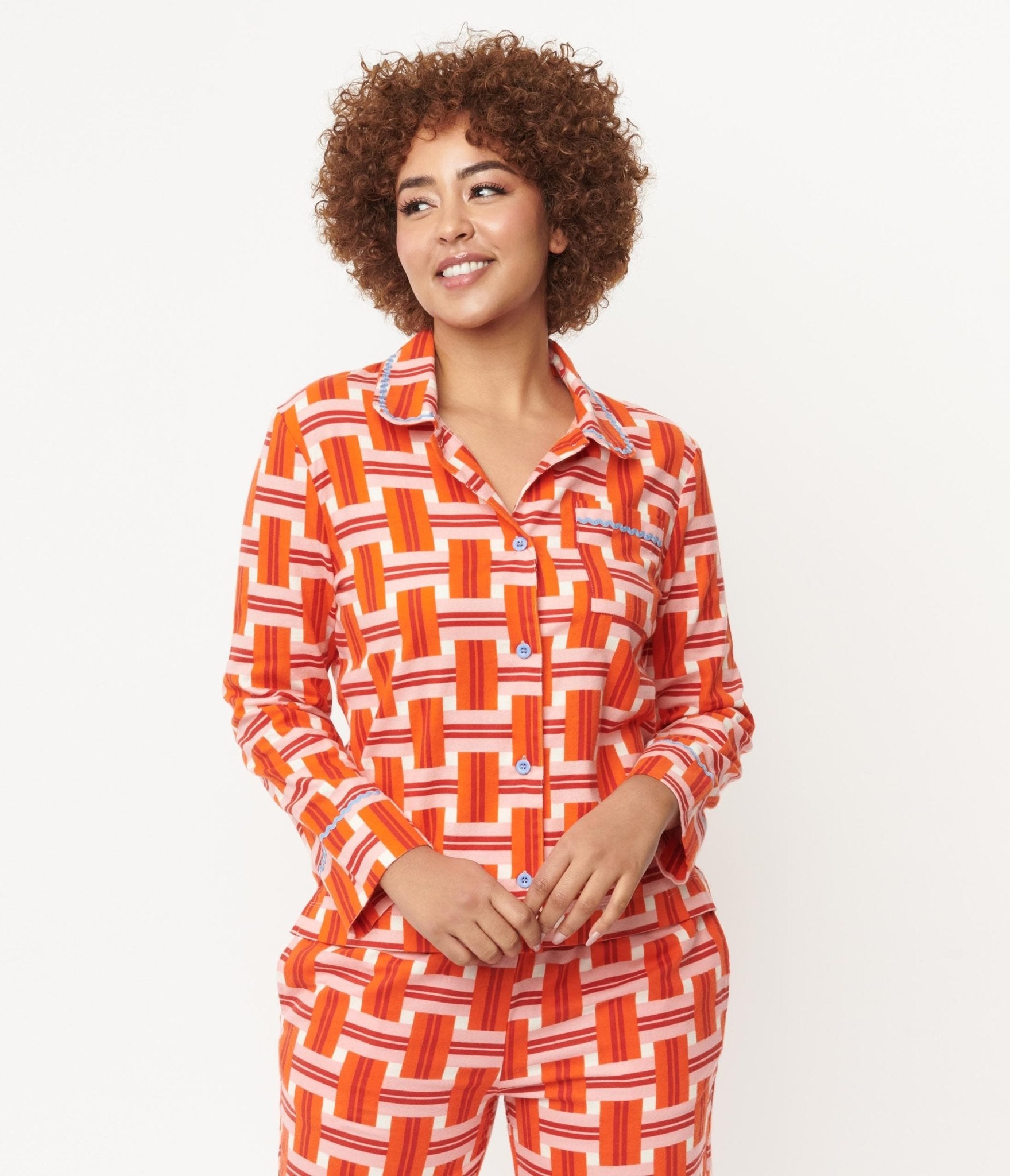 Orange & Red Plaid Flannel Pajama Top for Women - Cozy Sleepwear for Winter Nights & Loungewear