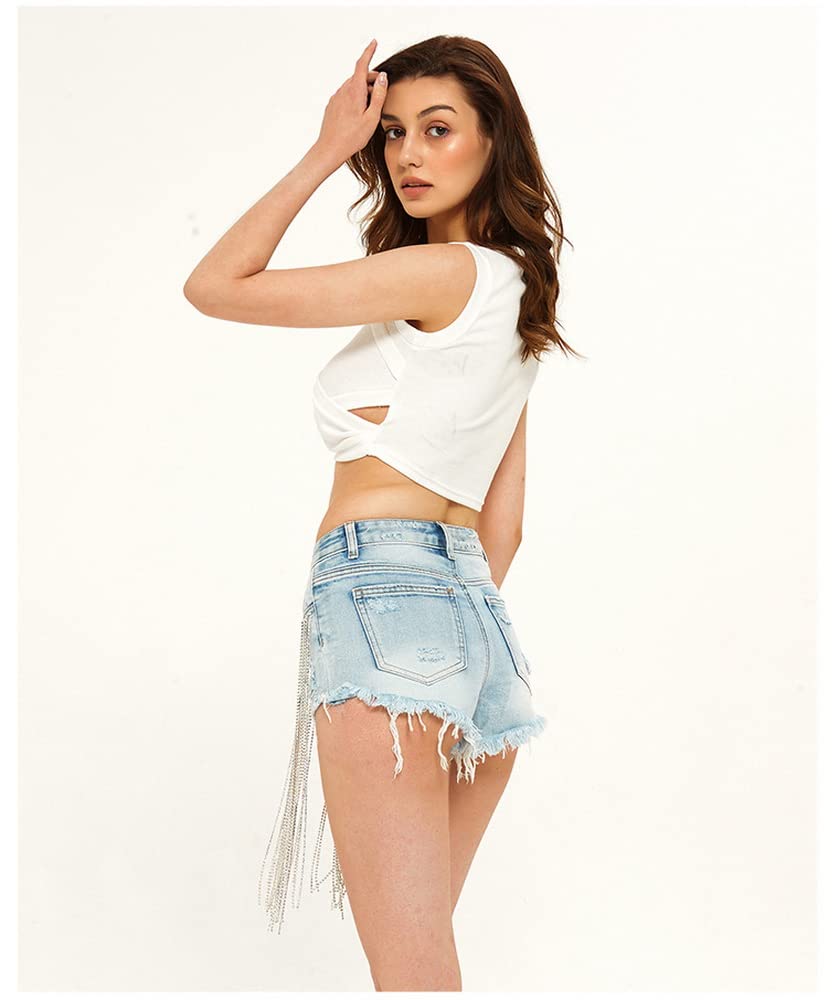 COMLIFE Women's Summer Denim Shorts - Tassel Fringe Wide Leg Rhinestone Embellished Sexy High Waist Jeans for Beach, Party & Casual Outfits