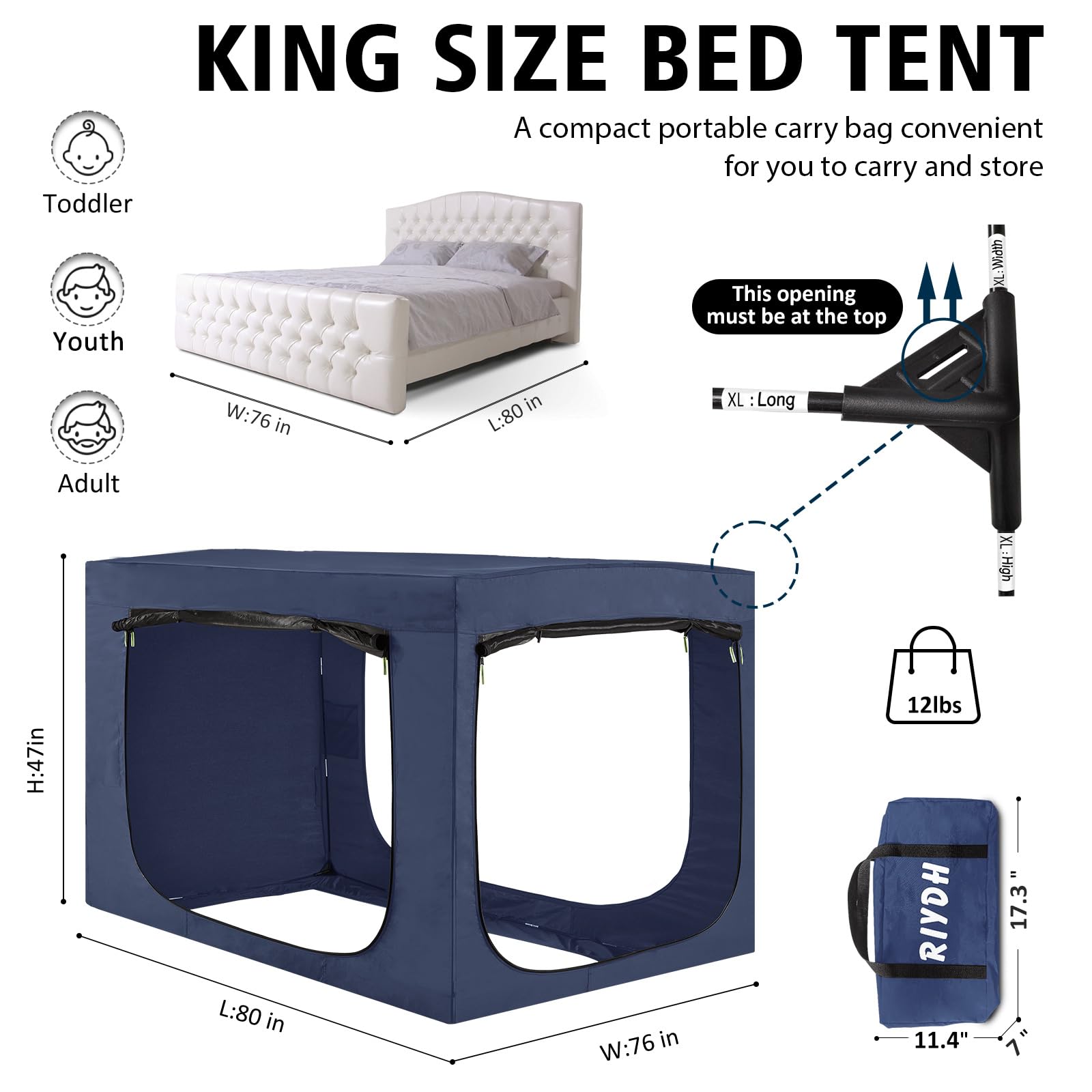 **King Size Bed Canopy Tent - Portable Blackout Sleeping Tent for Adults & Kids, 93% Light Blocking with 3 Doors, Breathable Privacy Space - Perfect for Camping, Bedroom Forts, and Cozy Indoor Sleepovers**