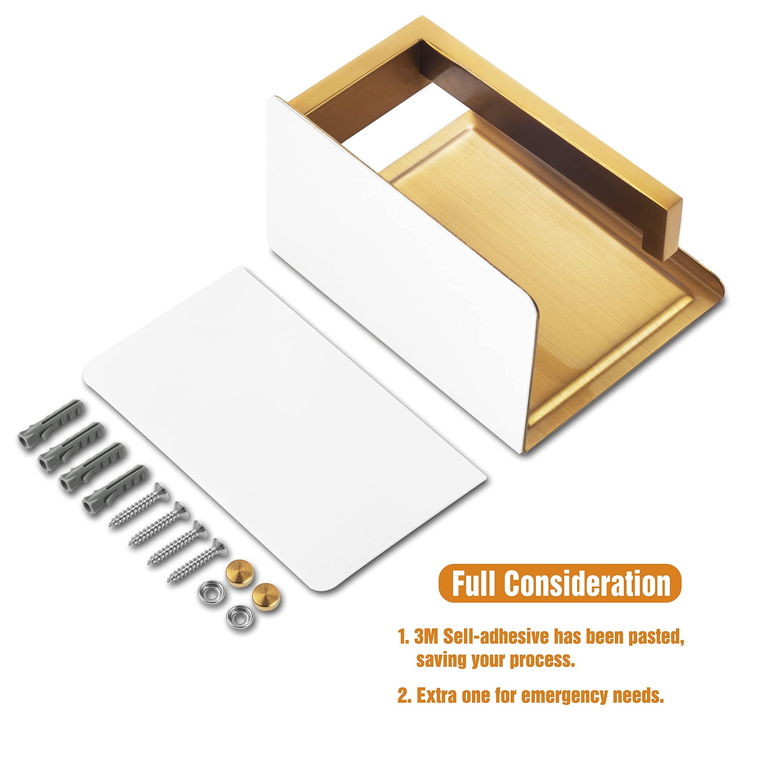 HITSLAM Gold Toilet Paper Holder - Brushed Brass Adhesive Wall-Mounted Bathroom Tissue Holder with Shelf - No Drilling Required, Easy Installation for Small Bathrooms, Apartments and RVs