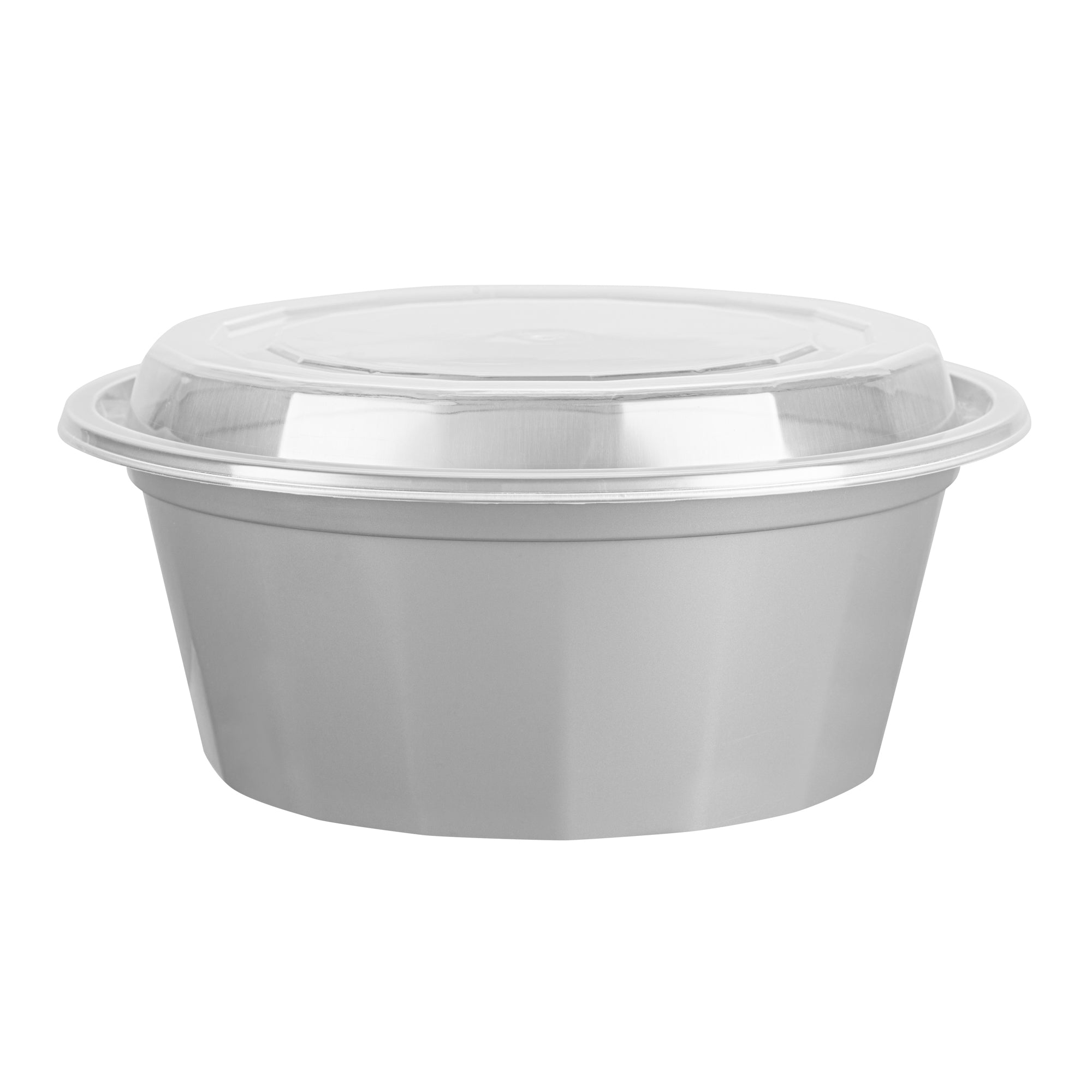 32 oz Round Silver Plastic Food Storage Containers with Clear Lids - Microwave Safe, Reusable To-Go Boxes (7.25