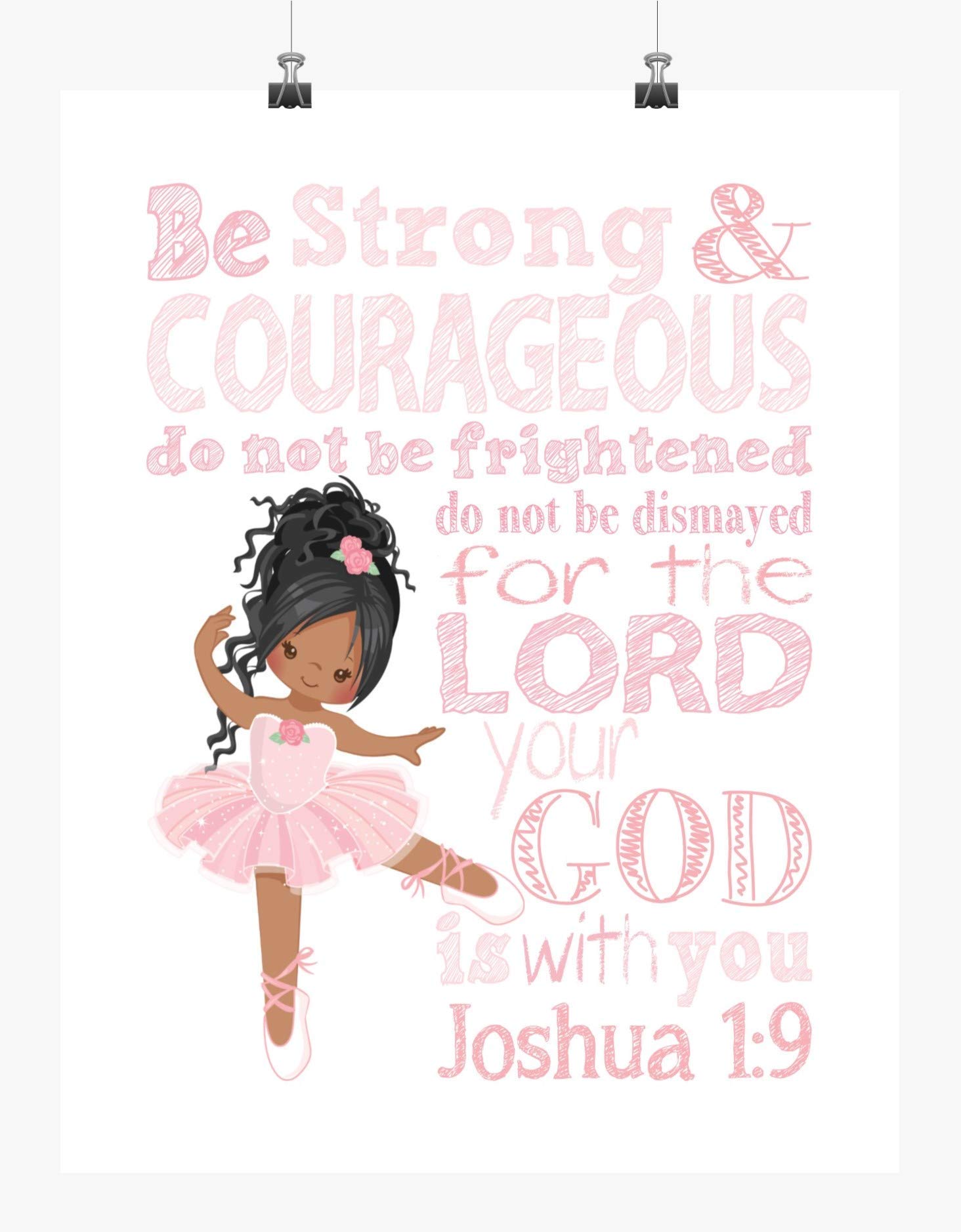 African American Ballerina Christian Nursery Print - Joshua 1:9 Decor for Baby Rooms