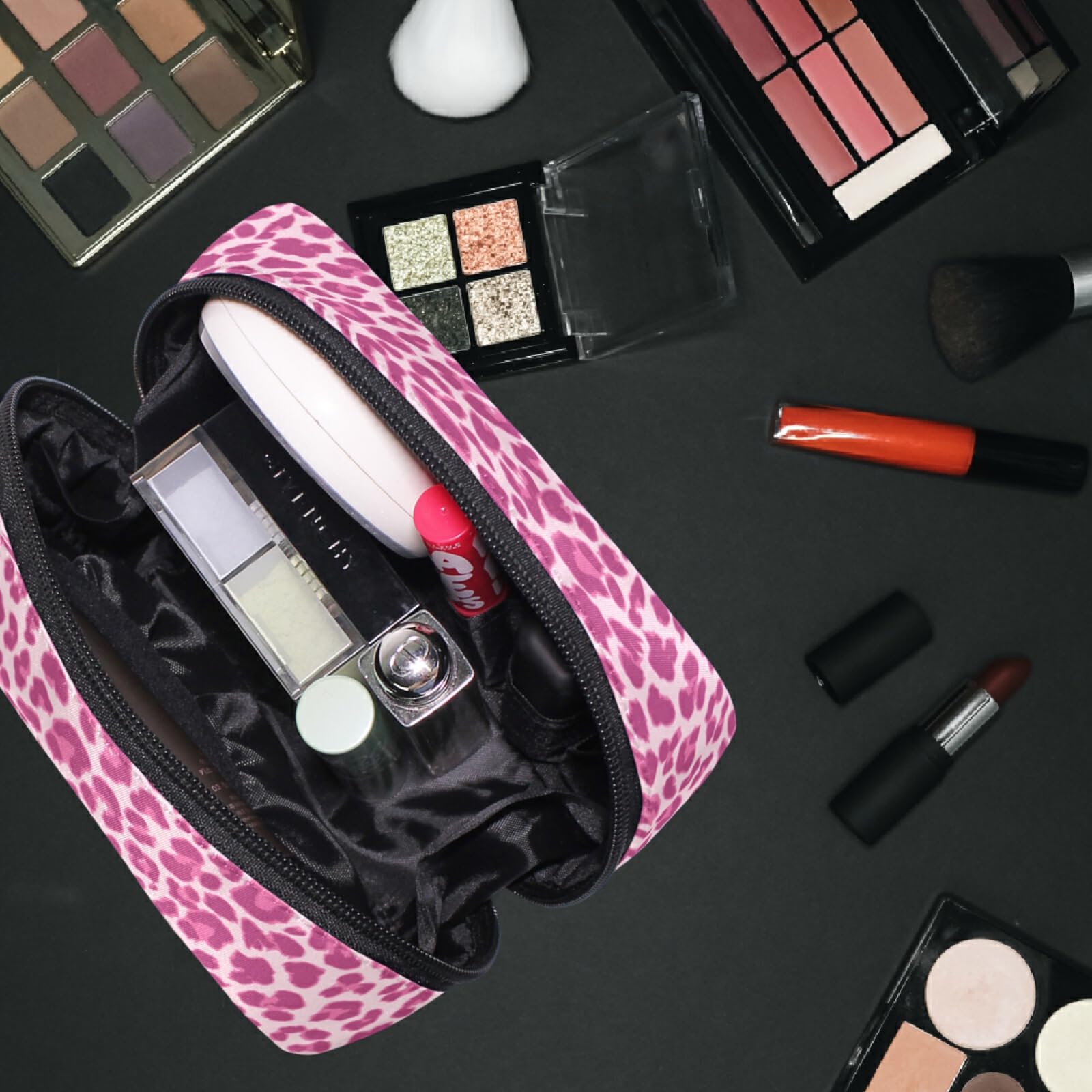 Cute Pink Leopard Print Makeup Bag for Women & Girls - Travel Cosmetic Organizer with Multiple Compartments - Perfect for Toiletries, Jewelry, and Travel Essentials