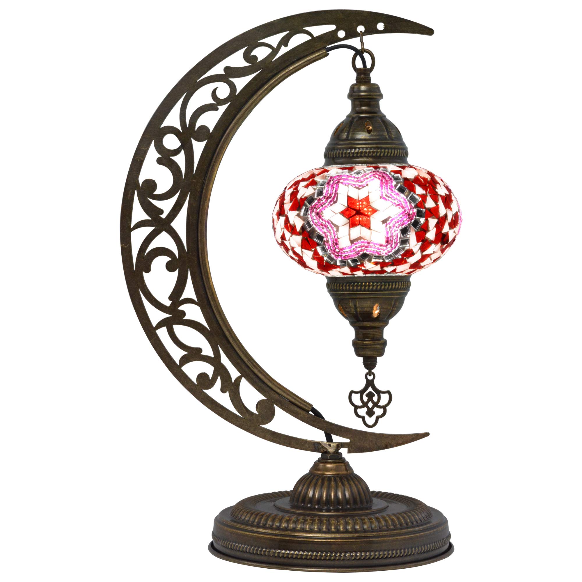MOZAIST Turkish Mosaic Table Lamp - Handmade Moroccan Moon Shaped Tiffany Stained Glass Lamp with E12 Socket & US Plug | Bohemian Vintage Bedside & Desk Lighting for Home Decor, Living Room, Bedroom