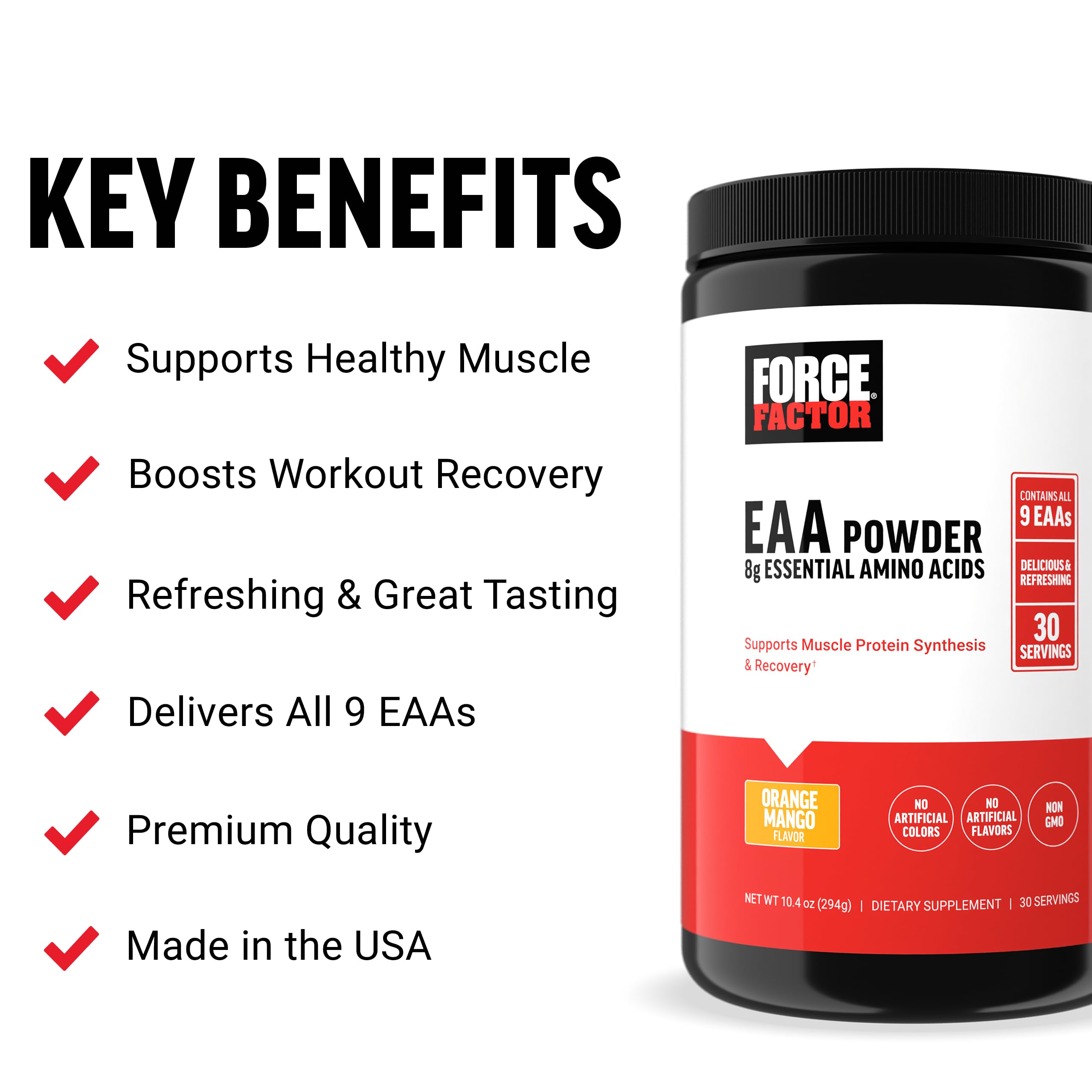 Force Factor Essential Amino Acids Powder - Full Spectrum EAA Supplement for Men & Women - Supports Muscle Growth & Workout Recovery - Orange Mango Flavor - 30 Servings - Perfect for Post-Workout & Fitness Enthusiasts