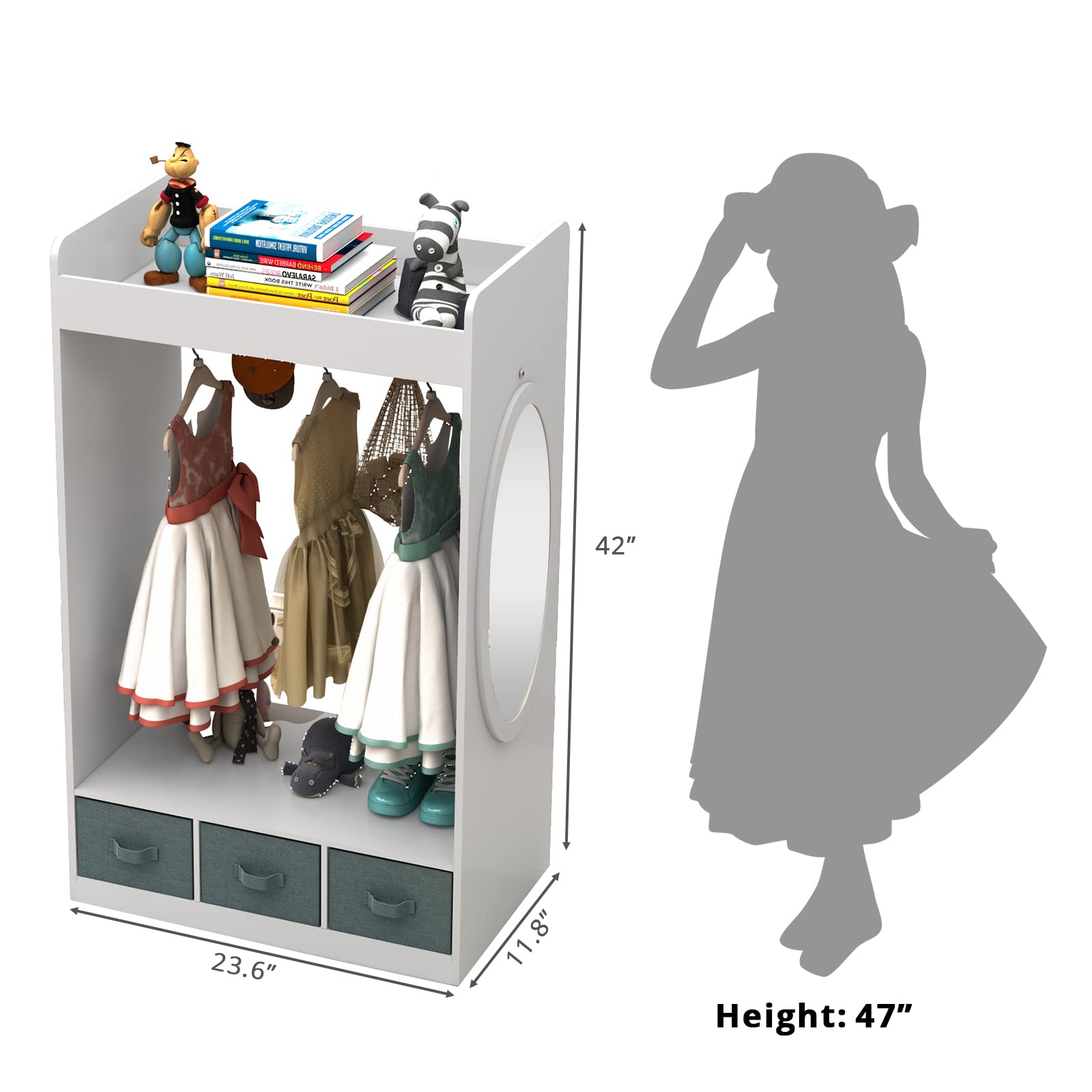 Kids Costume Organizer with Mirror & Storage Bin - Hanging Dress Up Closet for Pretend Play - White | Perfect for Bedroom, Playroom & Toy Storage Organization