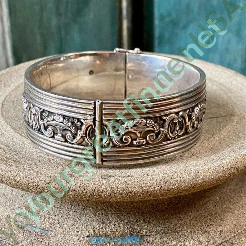 Vintage Sterling Silver Hinged Bangle Bracelet with Floral Design - Elegant Handmade Jewelry for Women, Perfect for Weddings, Parties & Everyday Wear