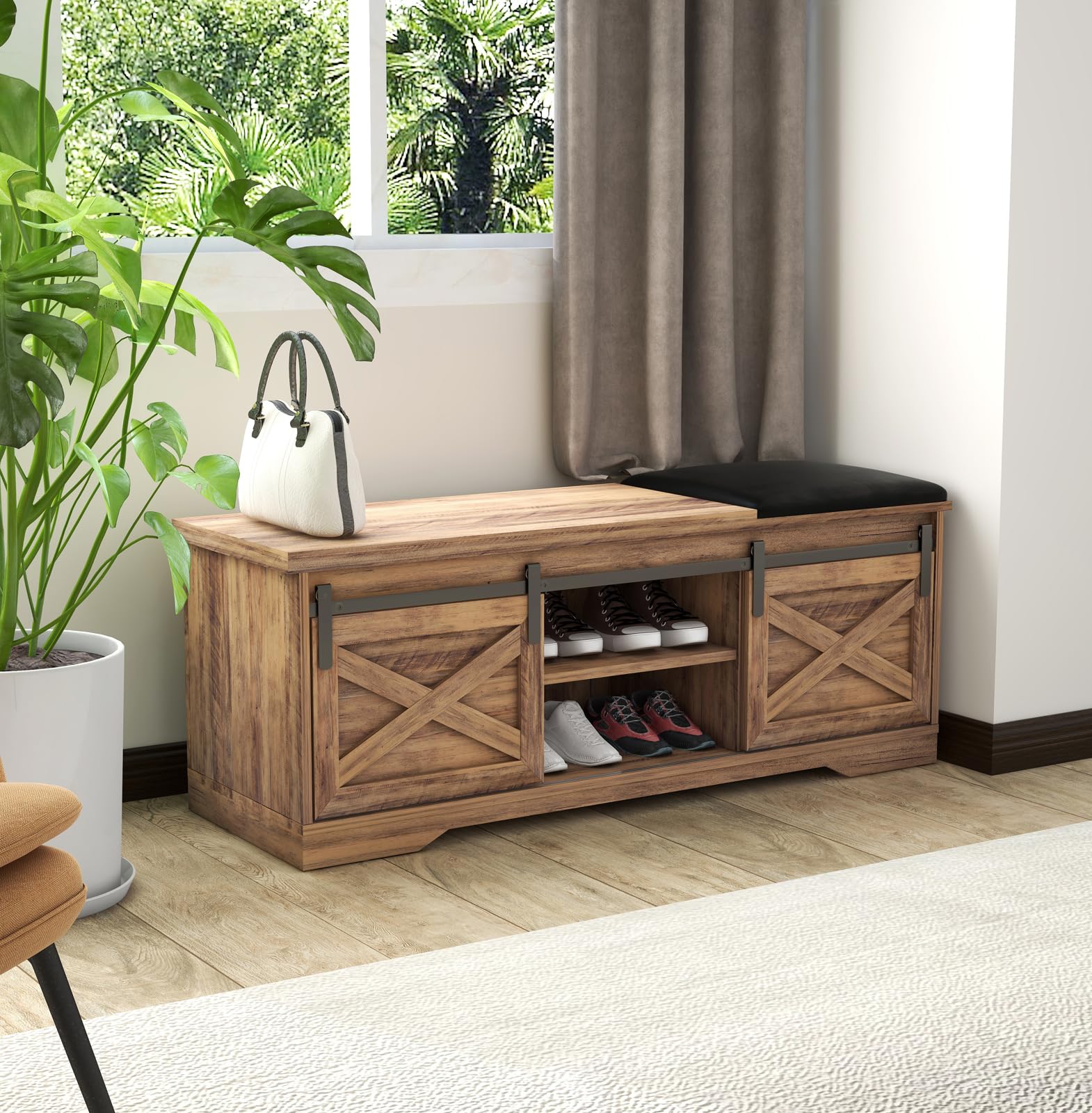 Warmiehomy 2-Door Entryway Shoe Storage Bench with 2 Racks & Padded Seat Cushion - Shoe Organizer for Living Room, Bedroom, Closet - Perfect for Small Spaces & Entryway Organization (Brown)