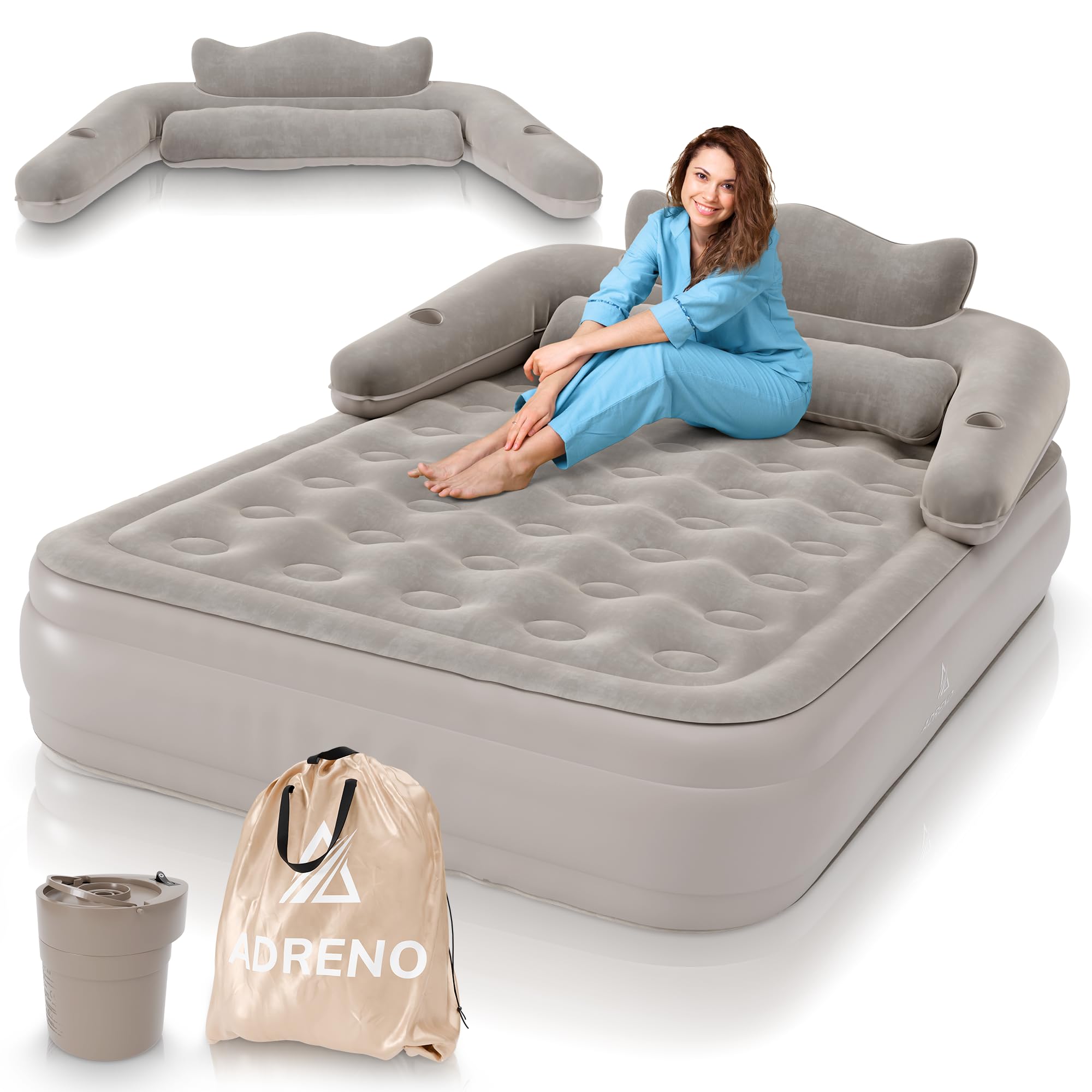 Queen Size Air Mattress with Built-in Pump & Headboard - Thick Inflatable Mattress for Home, Camping & Guests - Includes Carry Bag - Perfect for Spare Bed, Sleepovers & Outdoor Adventures