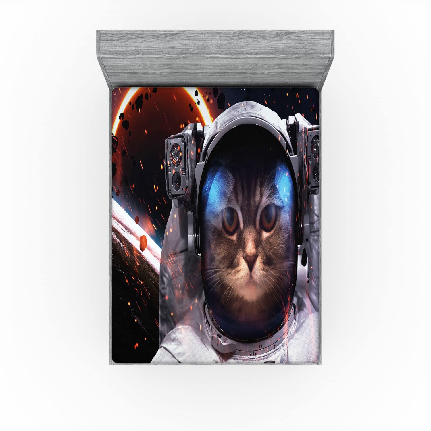 Ambesonne Space Cat Fitted Sheet - Queen Size Dark Blue White Galaxy Print Bedding with Deep Pocket Elastic, Astronaut Cat in Cosmic Comet Design - Perfect for Kids Rooms, Space Themed Bedrooms & Sci-Fi Decor