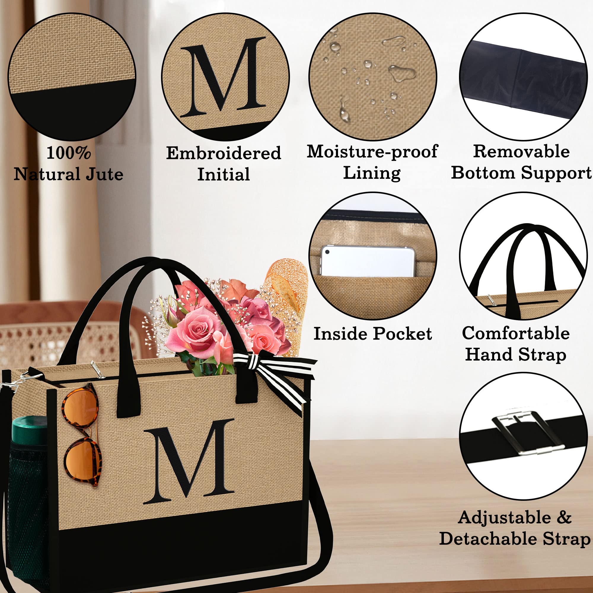 YOOLIFE Personalized Initial Jute Tote Bag & Makeup Bag Set - Best Birthday Gifts for Women, Mom, Wife, Teacher, Friend - Perfect for Work, Travel, Shopping & Daily Use