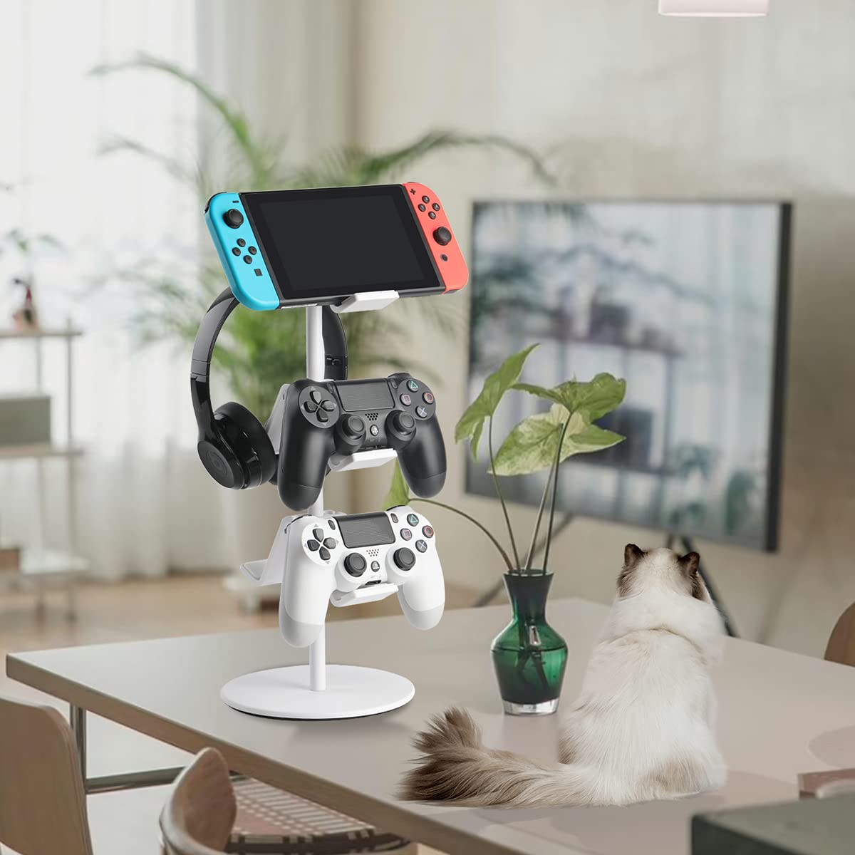 3-Tier Controller & Headset Holder - Universal Organizer for Xbox One, Xbox 360, Switch, PS4, PS5 - Elegant White | Gaming Accessory Storage for Desk & Entertainment Center