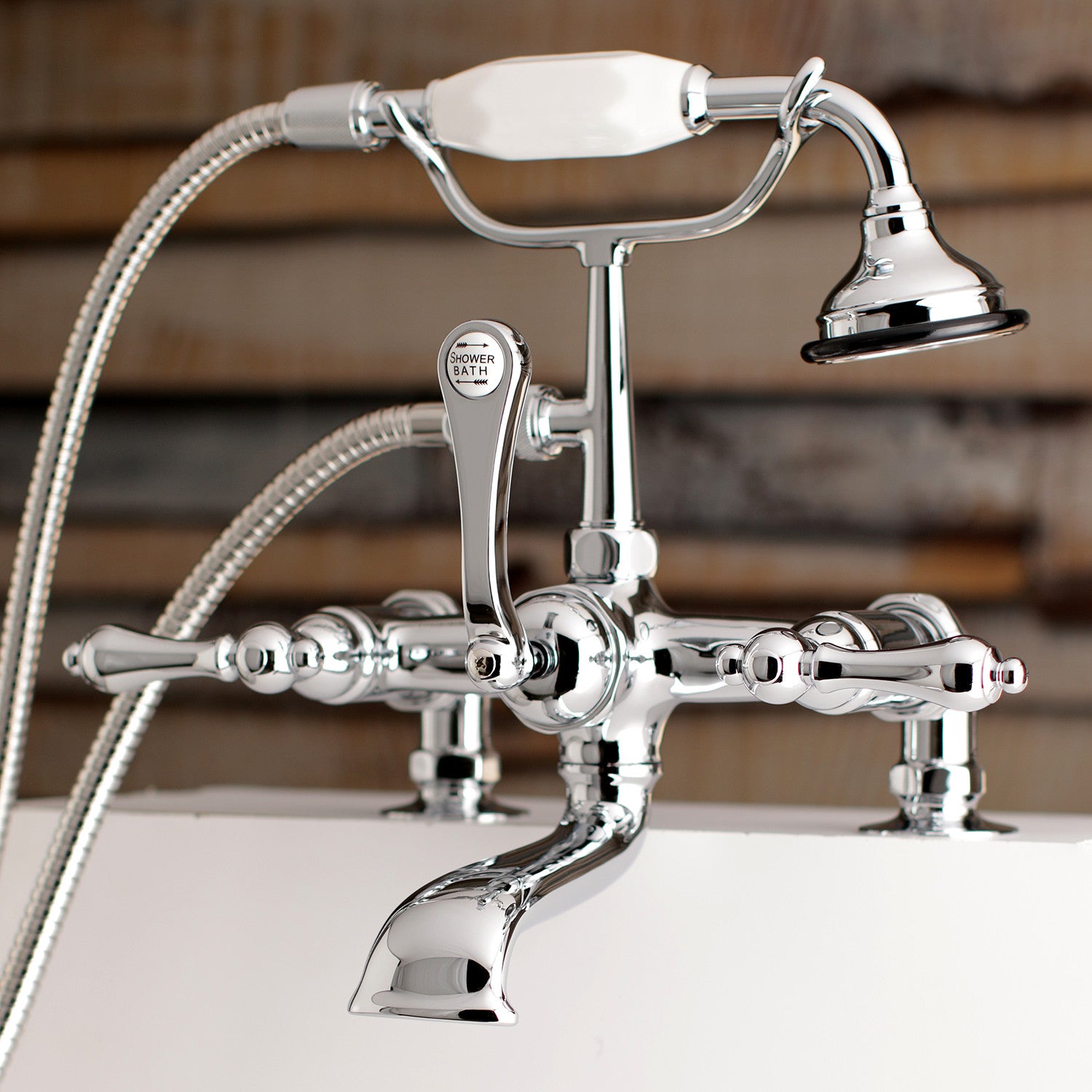 Vintage Style 3-Handle 2-Hole Deck Mount Clawfoot Bathtub Faucet with Hand Shower in Polished Chrome - Perfect for Classic Bathroom Renovations & Freestanding Tubs