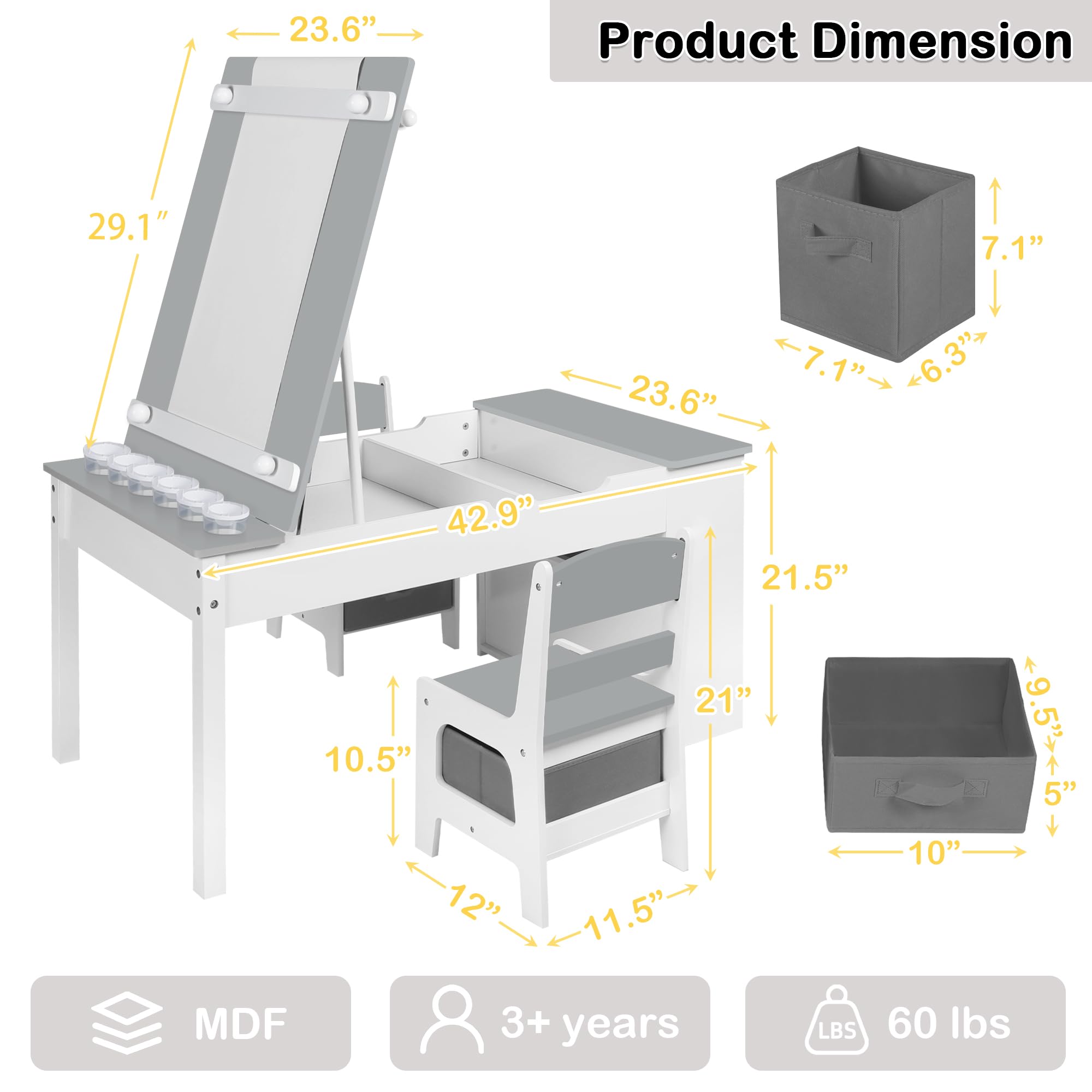 2-in-1 Kids Art Table and Chairs Set with Storage - Wooden Activity Desk for Toddlers Includes 2 Chairs, 8 Canvas Bins, 6 Paint Cups & Paper Roll - Perfect for Drawing, Writing & Creative Play in Nursery or Playroom