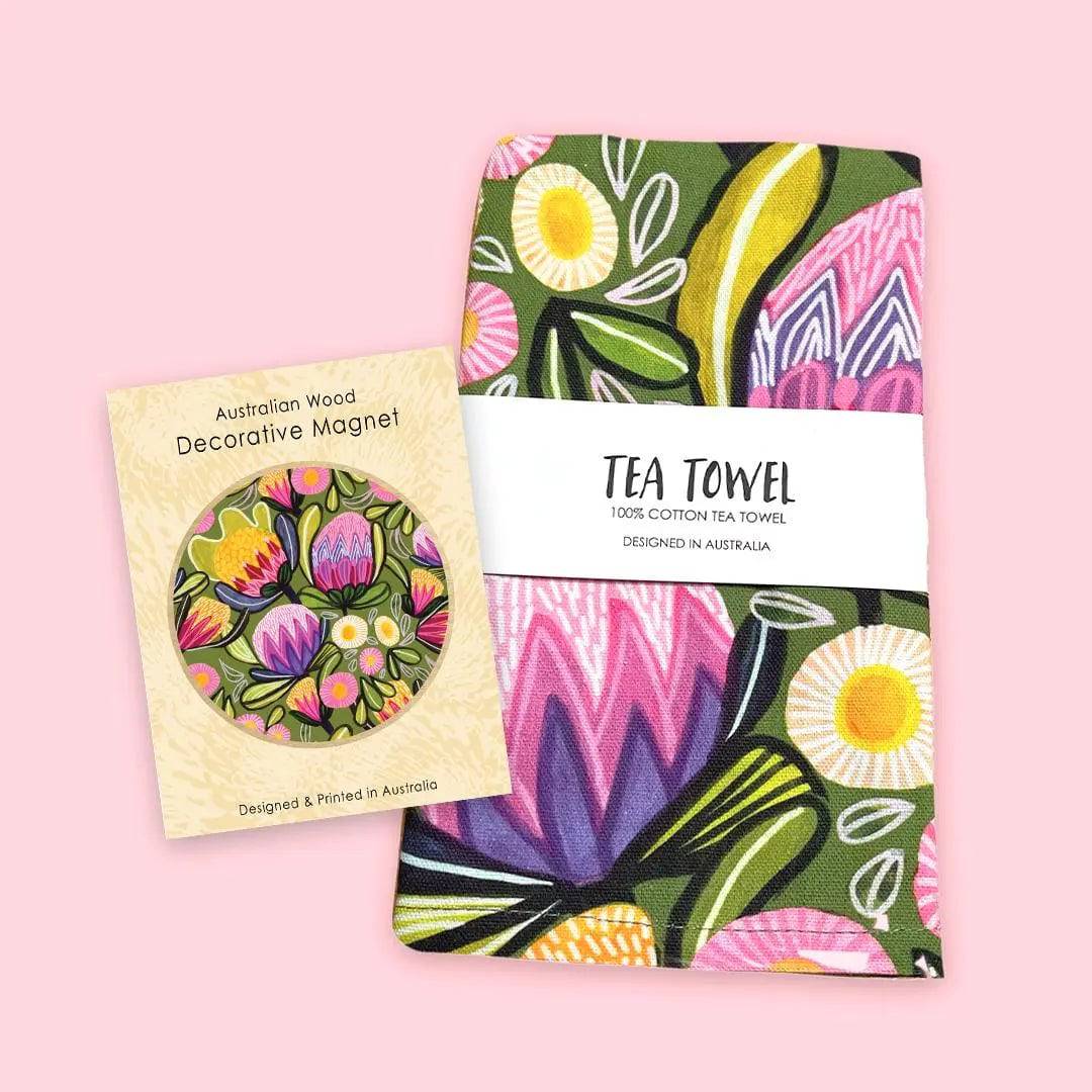 Premium Home Decor Gift Set - Sugarbush Tea Towel & Rustic Wooden Fridge Magnet for Kitchen, Housewarming & Holiday Gifts