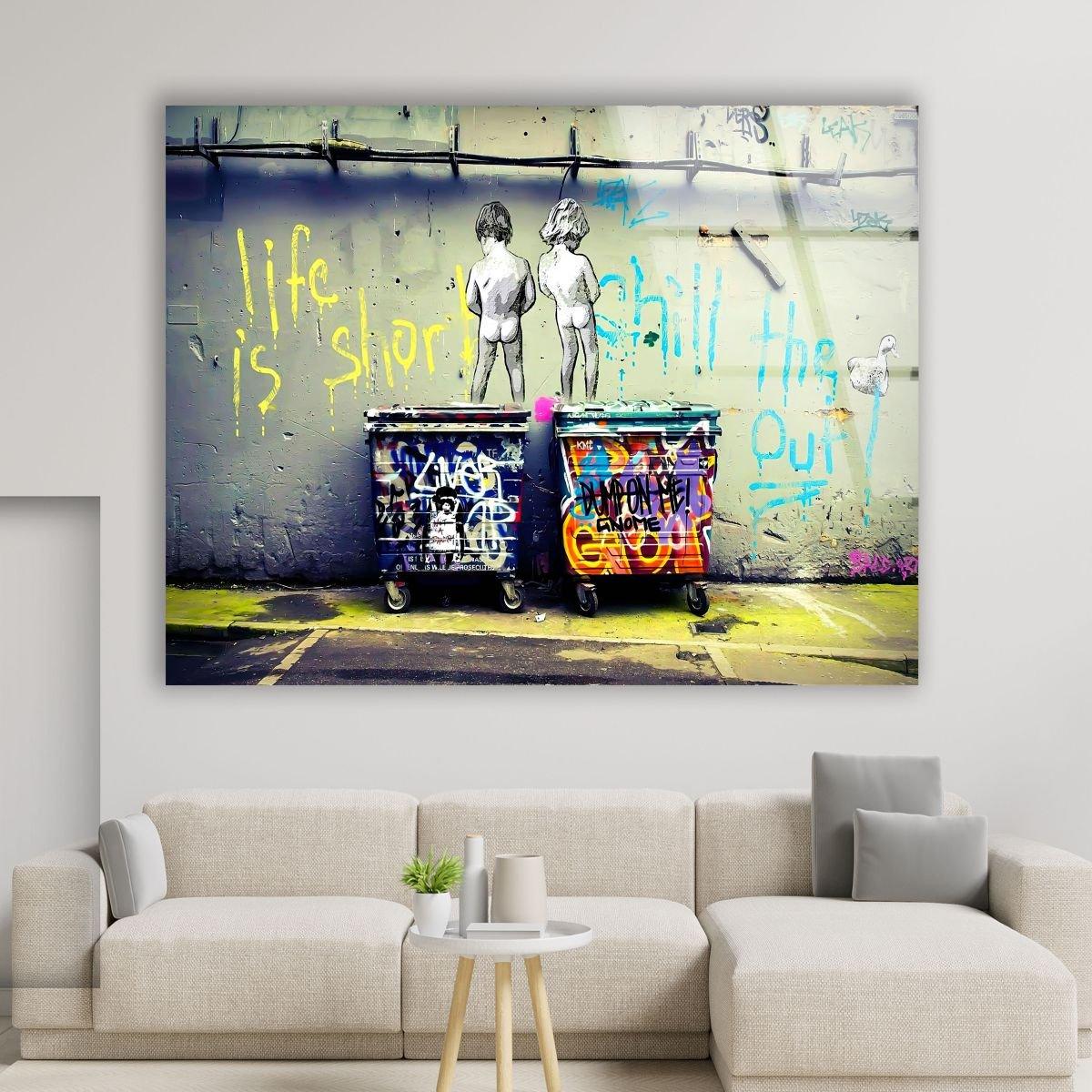 Banksy Life is Short Glass Wall Art - Modern Home Decor for Living Room, Bedroom & Office - Unique Street Art Inspired Glass Print