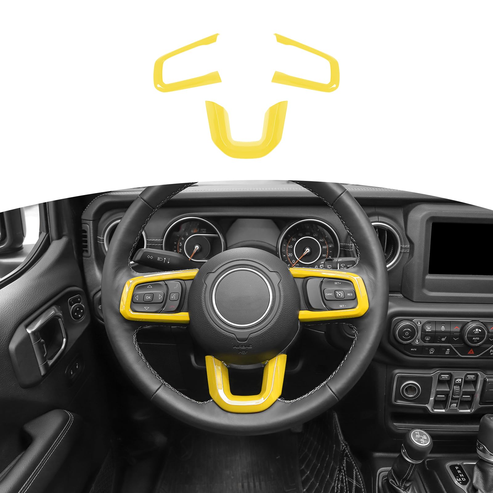 RT-TCZ Yellow Steering Wheel Trim Panel Decal for Jeep Wrangler JL/JLU (2018+) & Gladiator JT (2020+) - 3pc Interior Accessories Kit - Enhance Your Jeep's Yellow Interior Style for Off-Road & Daily Driving